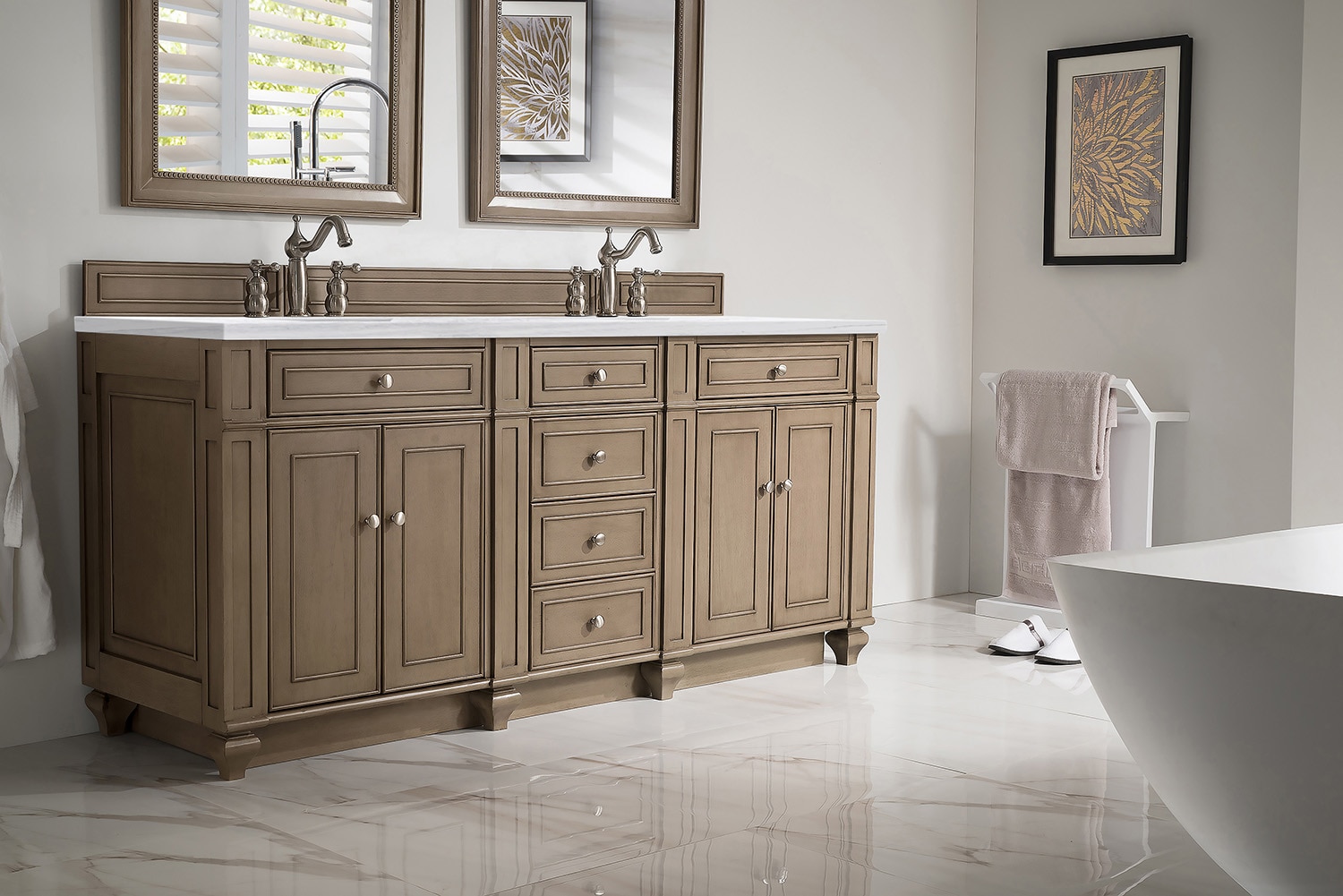 James Martin Vanities 157-V72-WW-3CAR 72-in Whitewashed Walnut Undermount Double sink Bathroom Vanity with Carrara Marble Marble Top