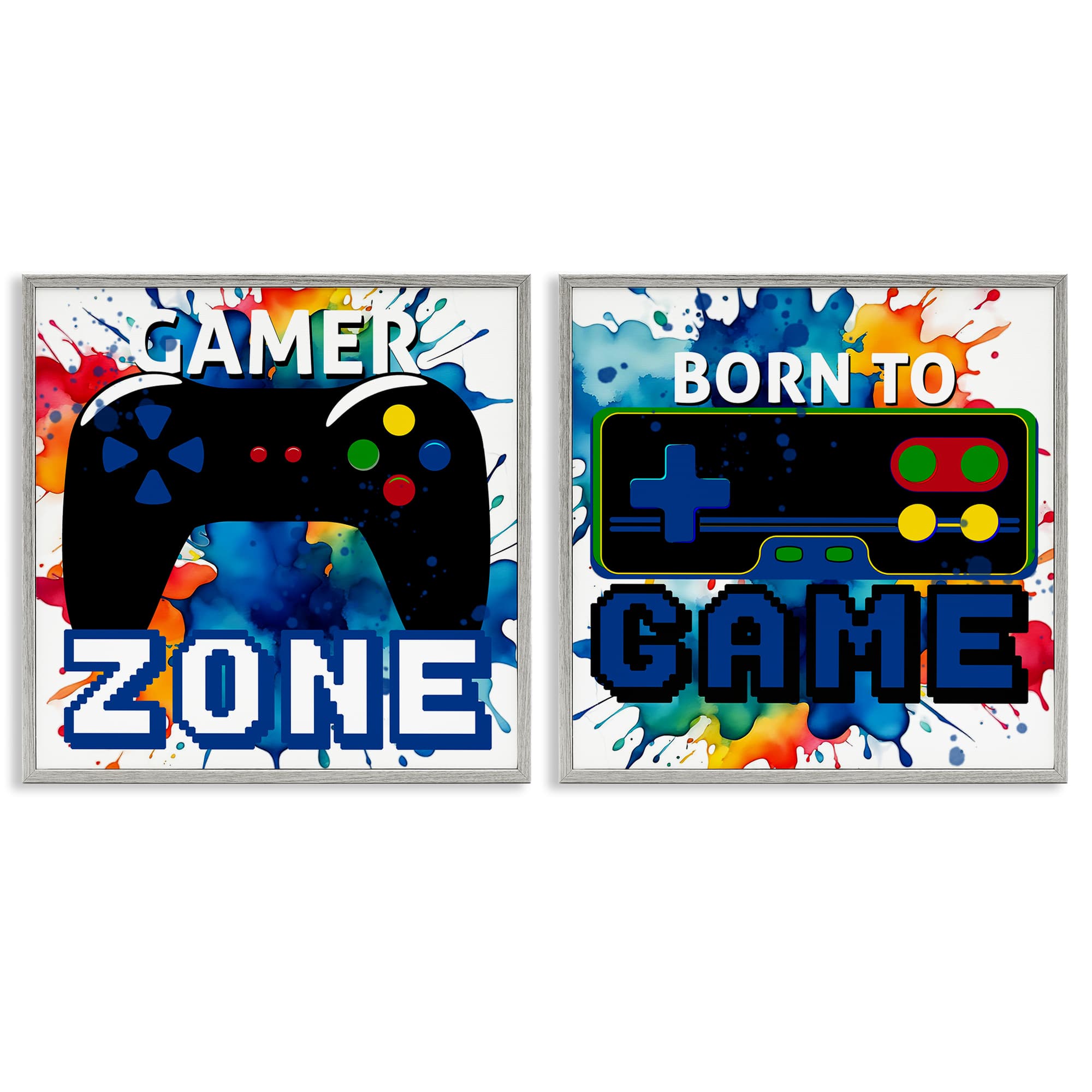 Stupell Industries B2-715-GFF-2PC-24X24 Gamer Zone on Splash 2 Piece Gray Framed Giclee Art Set By Kim Allen 24 x 24