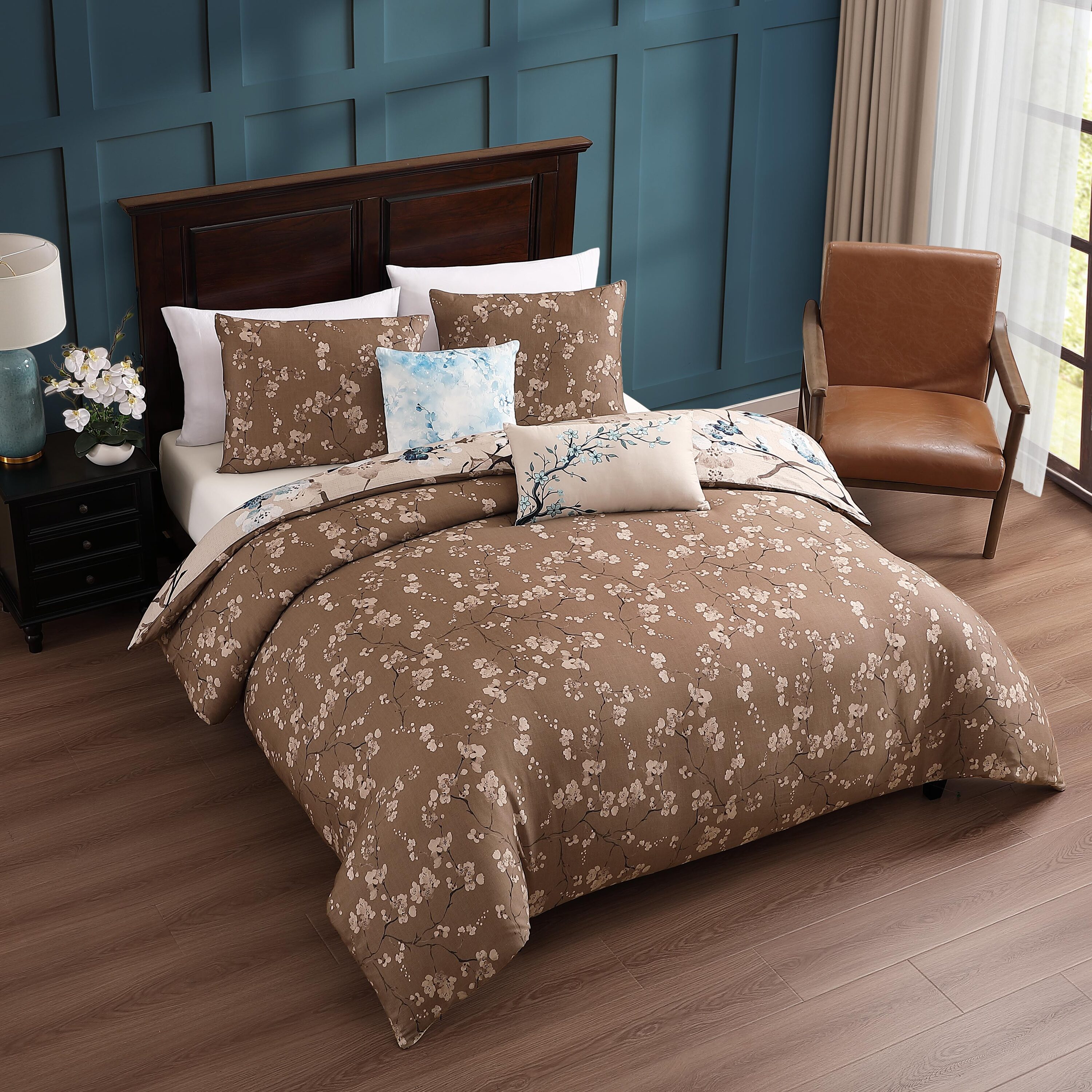 King Taupe Cotton Reversible Blossom Comforter Set