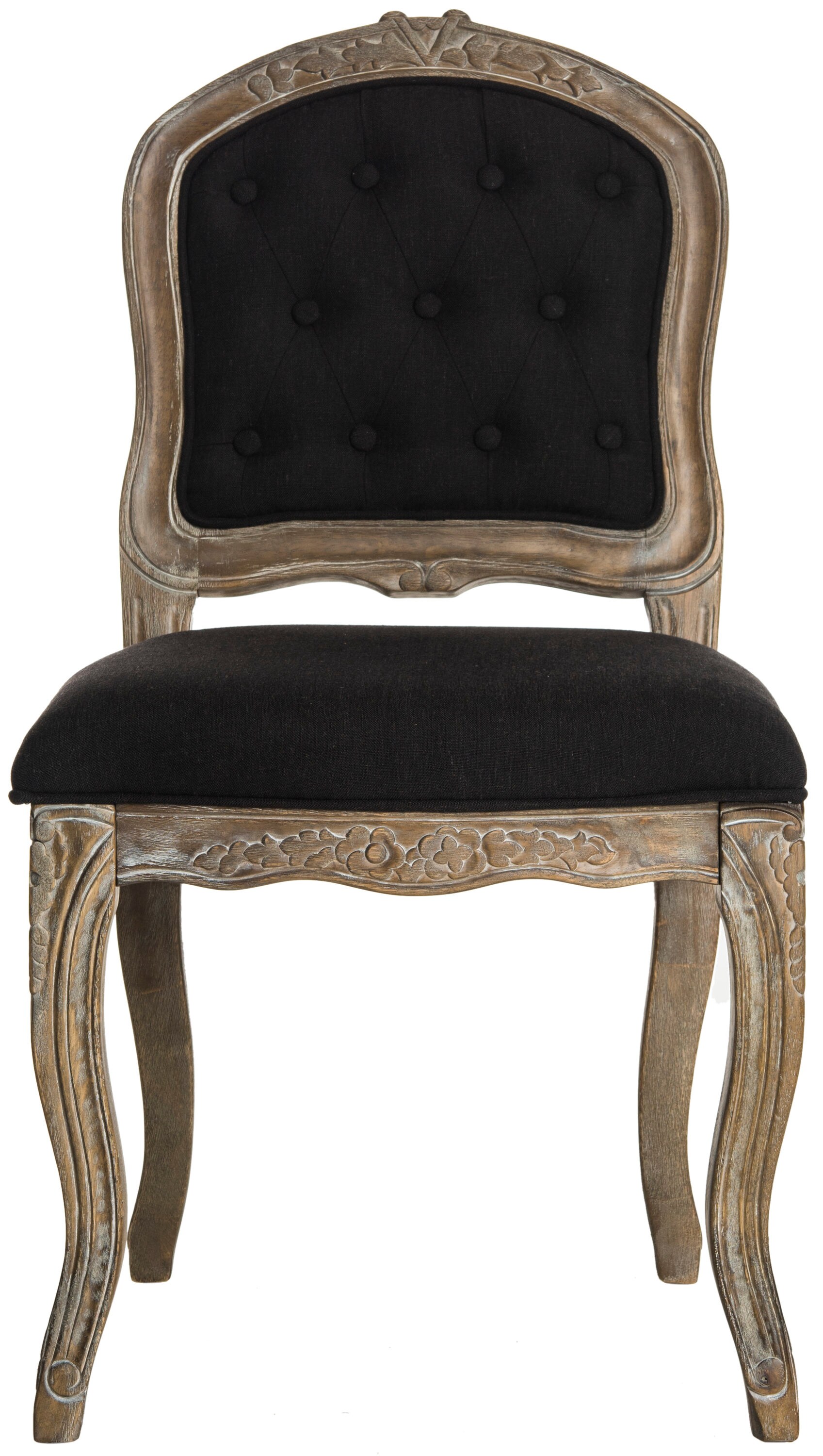 Elegant Black Linen & Rustic Oak French Leg Dining Chair, Set of 2