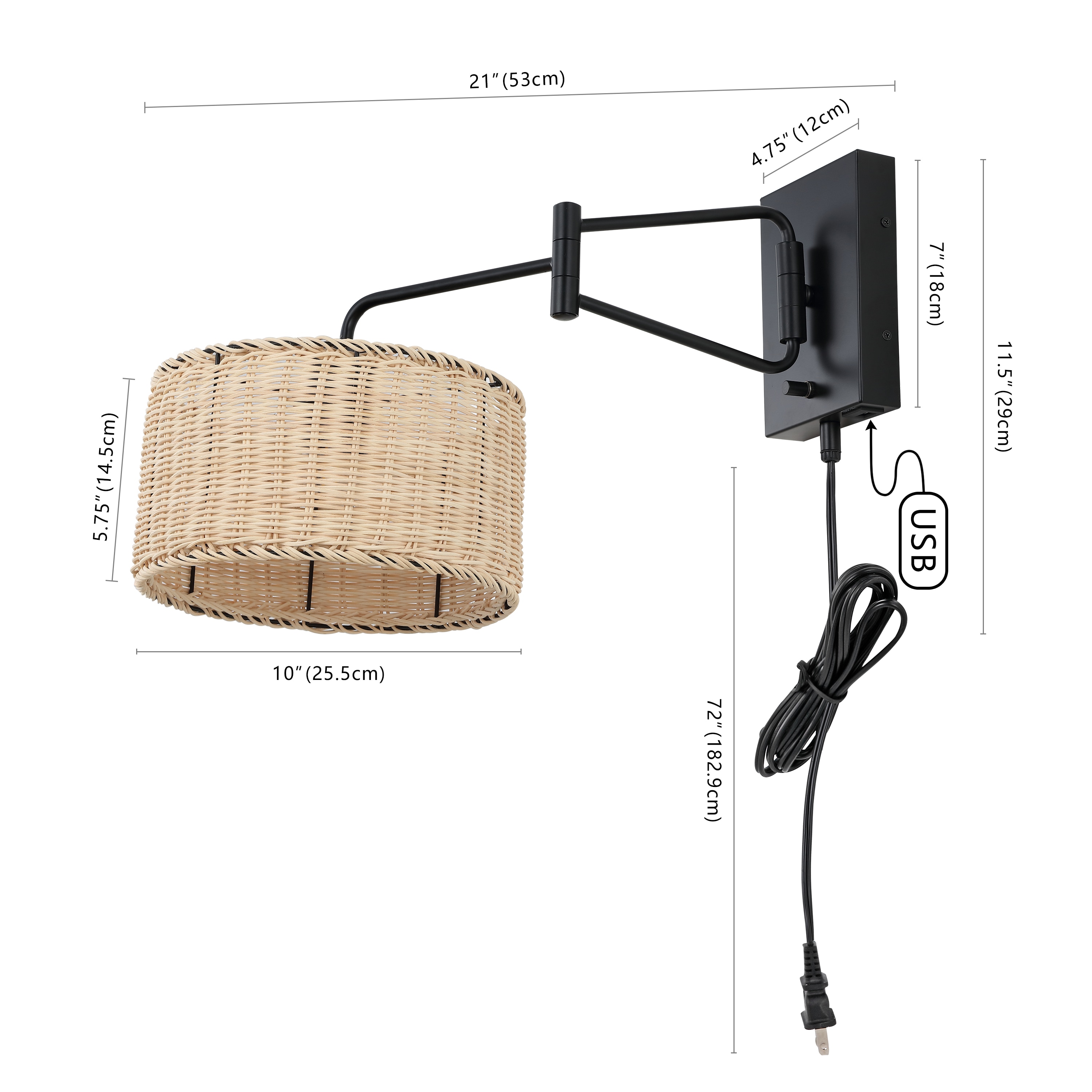 Black Iron Wall Sconce with Natural Rattan Shade, Set of 2