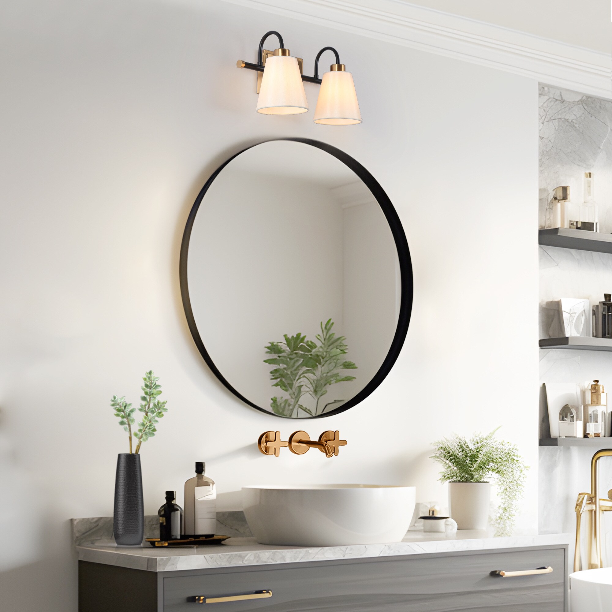 Jacarmellia Matte Black 2-Light Mid-Century Vanity with Fabric Shades