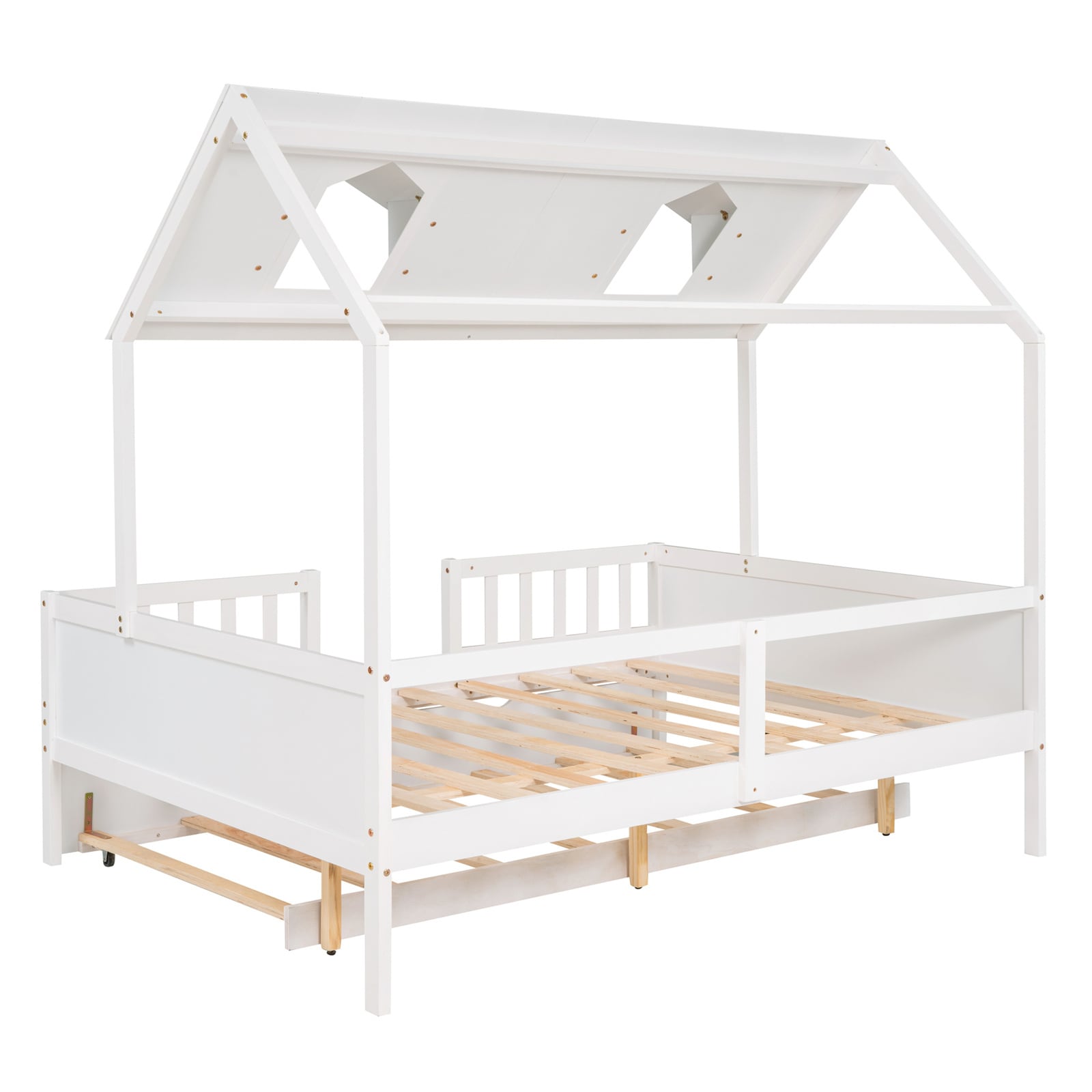 BESTCOSTY White Canopy Full Bed with Playhouse Design for Kids ...