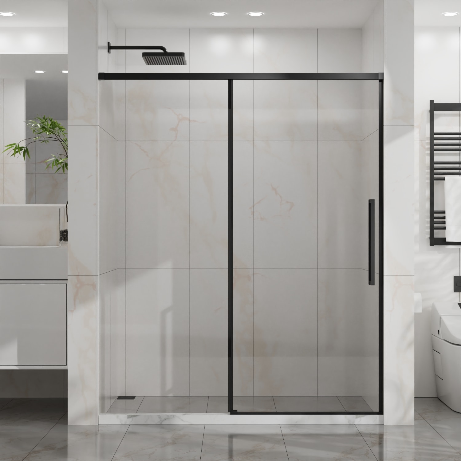 REIBII 60in W x 72in H Matte Black Semi-Frameless Sliding Shower Door 1/4in Thick Tempered Clear Glass with Easy-Clean Coating Stainless Steel Hardware Adjustable Width Design