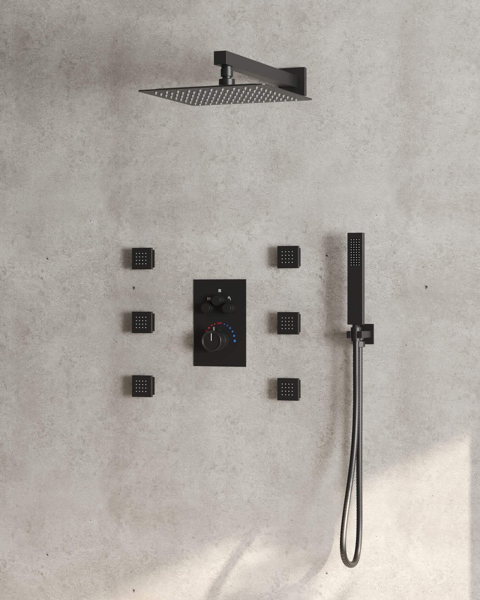 EVERSTEIN SFS1003-BK12 6 in. and 7-Spray 12 in. Thermostatic Wall Bar Shower Systems with Handheld 2.5 GPM in Matte Black (Valve Included)