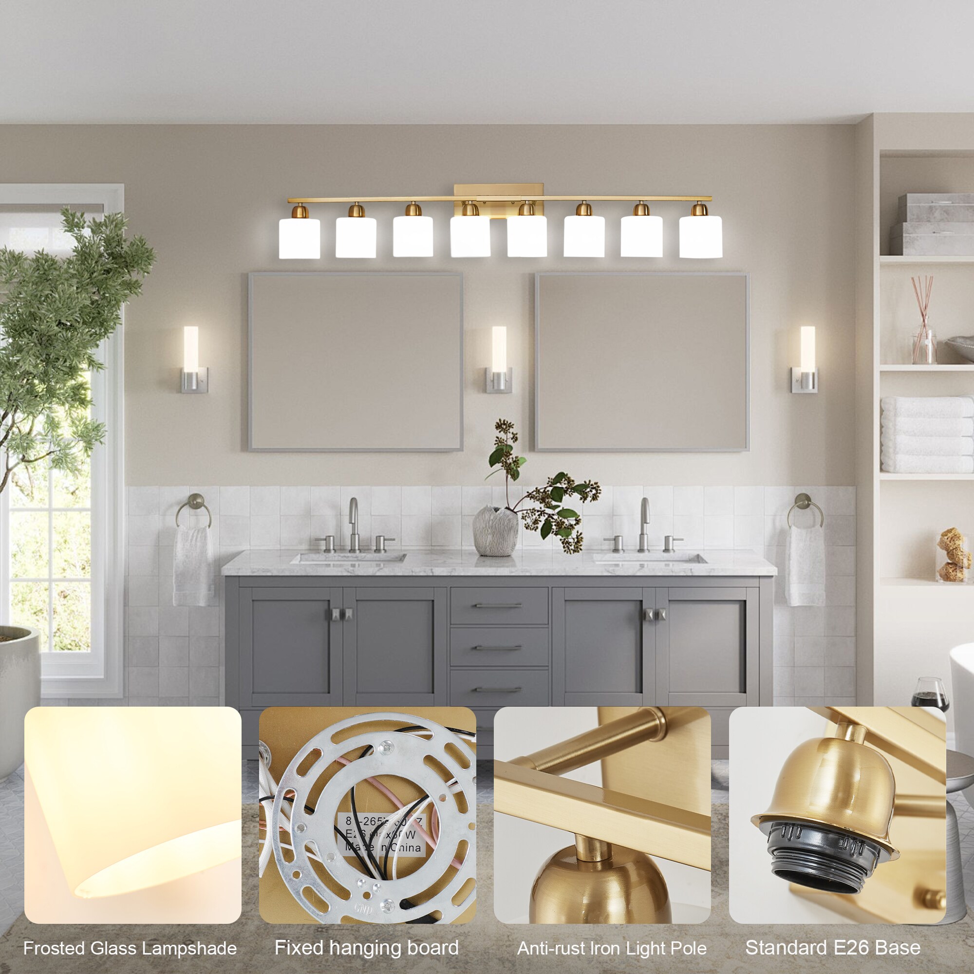 spend time with you   1400×760 Shinevoy 52 in. 8-Light Gold Bathroom Vanity Light Over Mirror