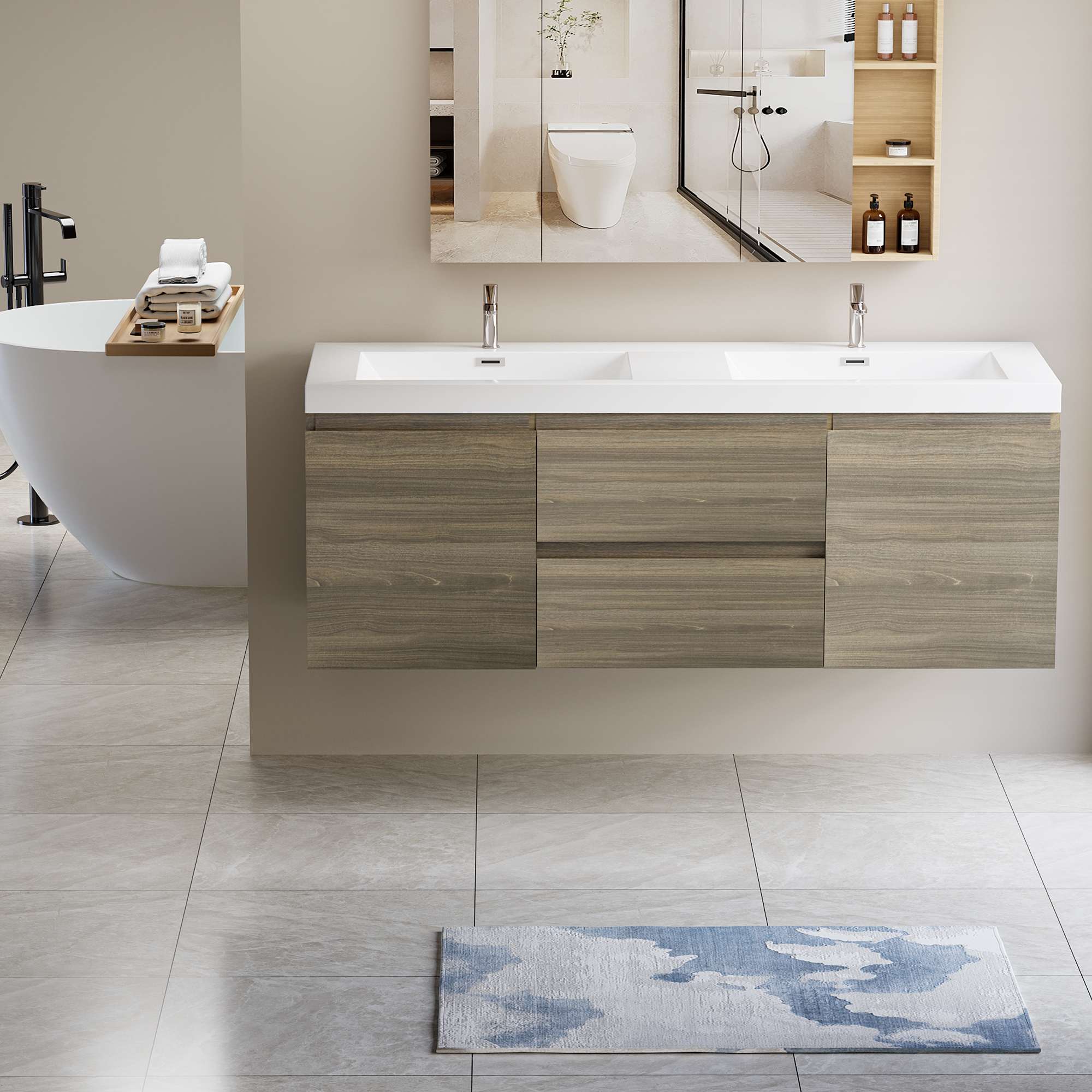 Abruzzo 60 in. W Double Sink Floating Bath Vanity in Ash Grey with White Solid Surface Sink Top