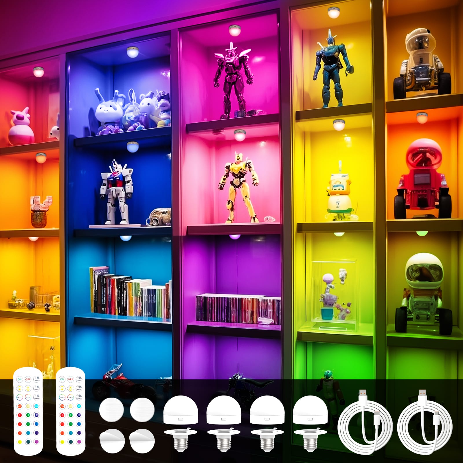 BIGHOUSE 4 Pack E26 Rechargeable Light Bulbs with Remote Timer 2500mAh Battery LED 15 RGB Colors + Adjustable White Magnetic Battery Lights for No-Wiring Lamps Bedrooms Hallways Closets