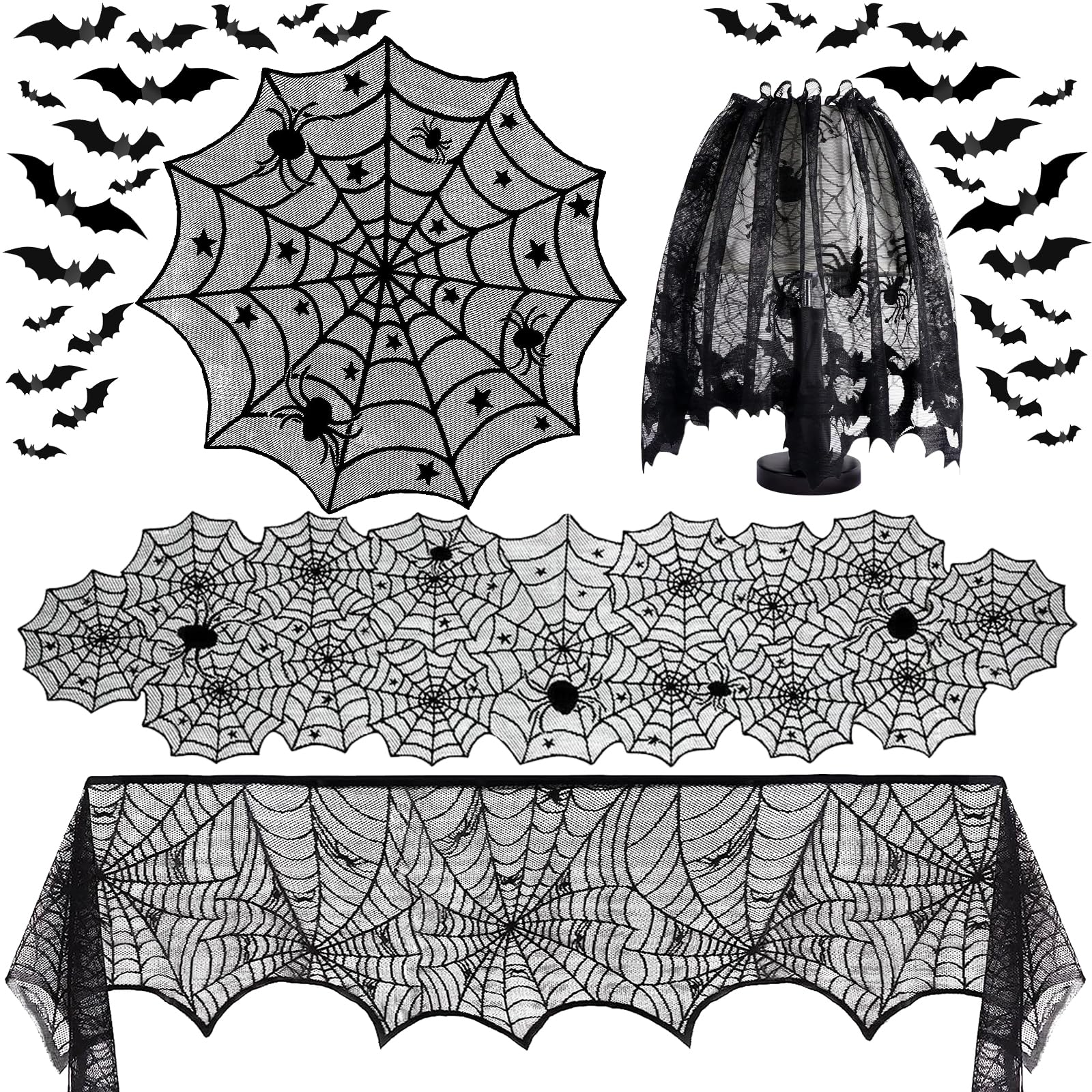ZHLKING Black Lace Table Runner Mantel Scarf Tablecloth Lampshade Bat Stickers Set
