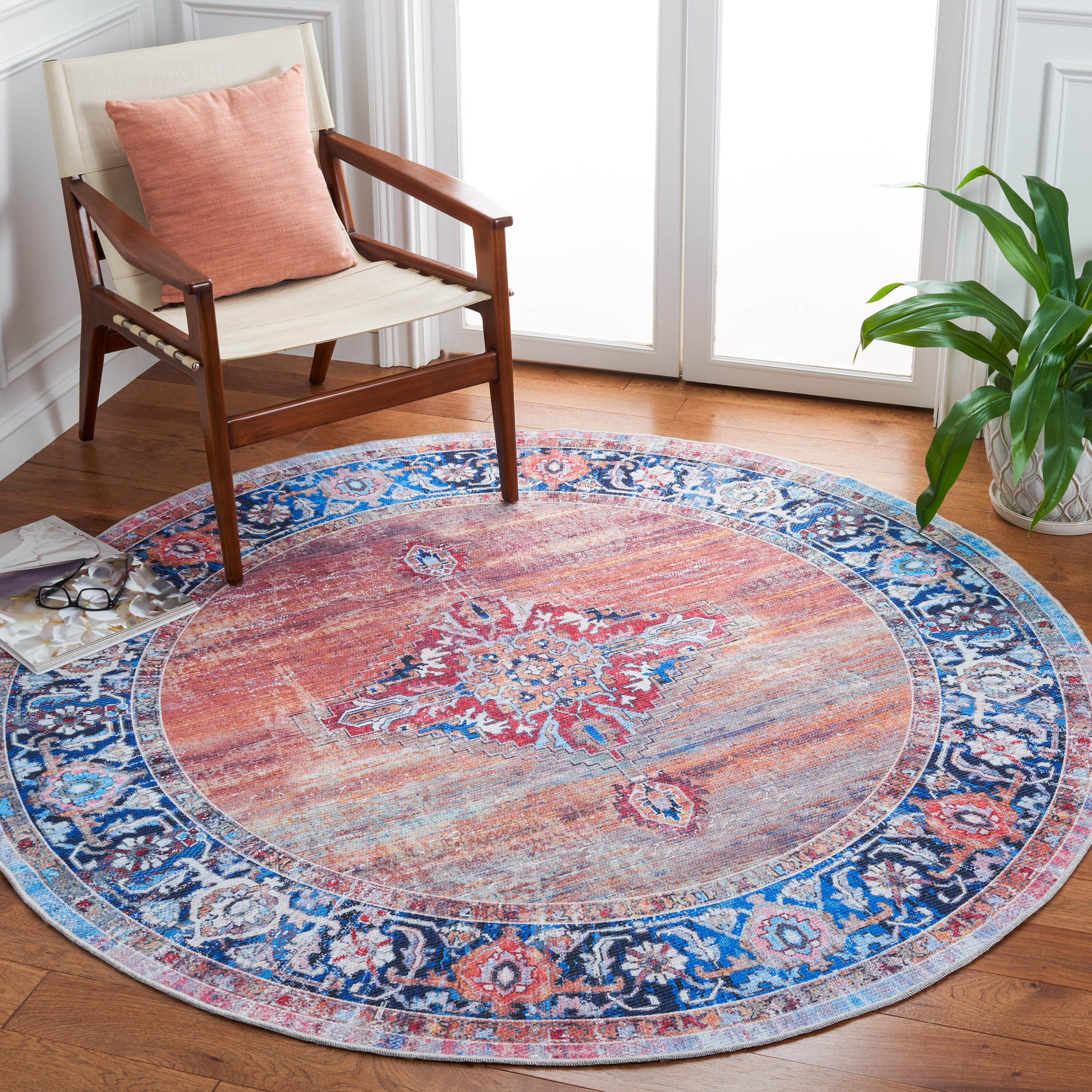 Safavieh SEP376P-7R Serapi 7 x 7 (ft) Loomed Cotton Rust/Navy Round Indoor Border Machine washable Area rug
