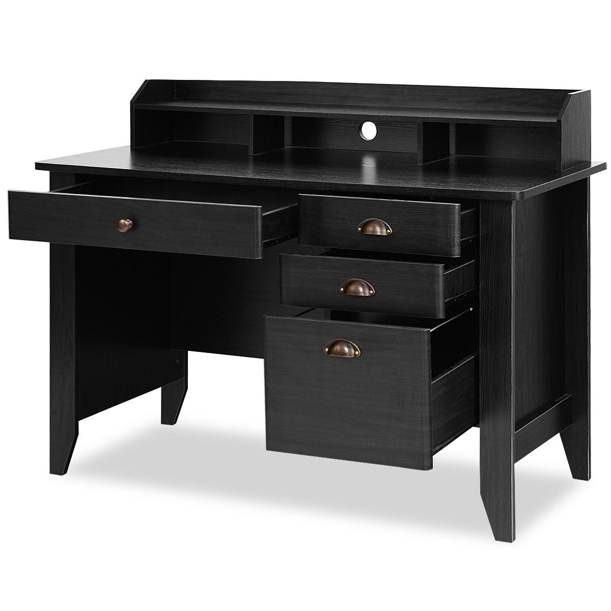Modern Solid Wood Computer Desks Office Table with PC Droller Storage Shelves and File Cabinet Small Study Writing Desk - Black