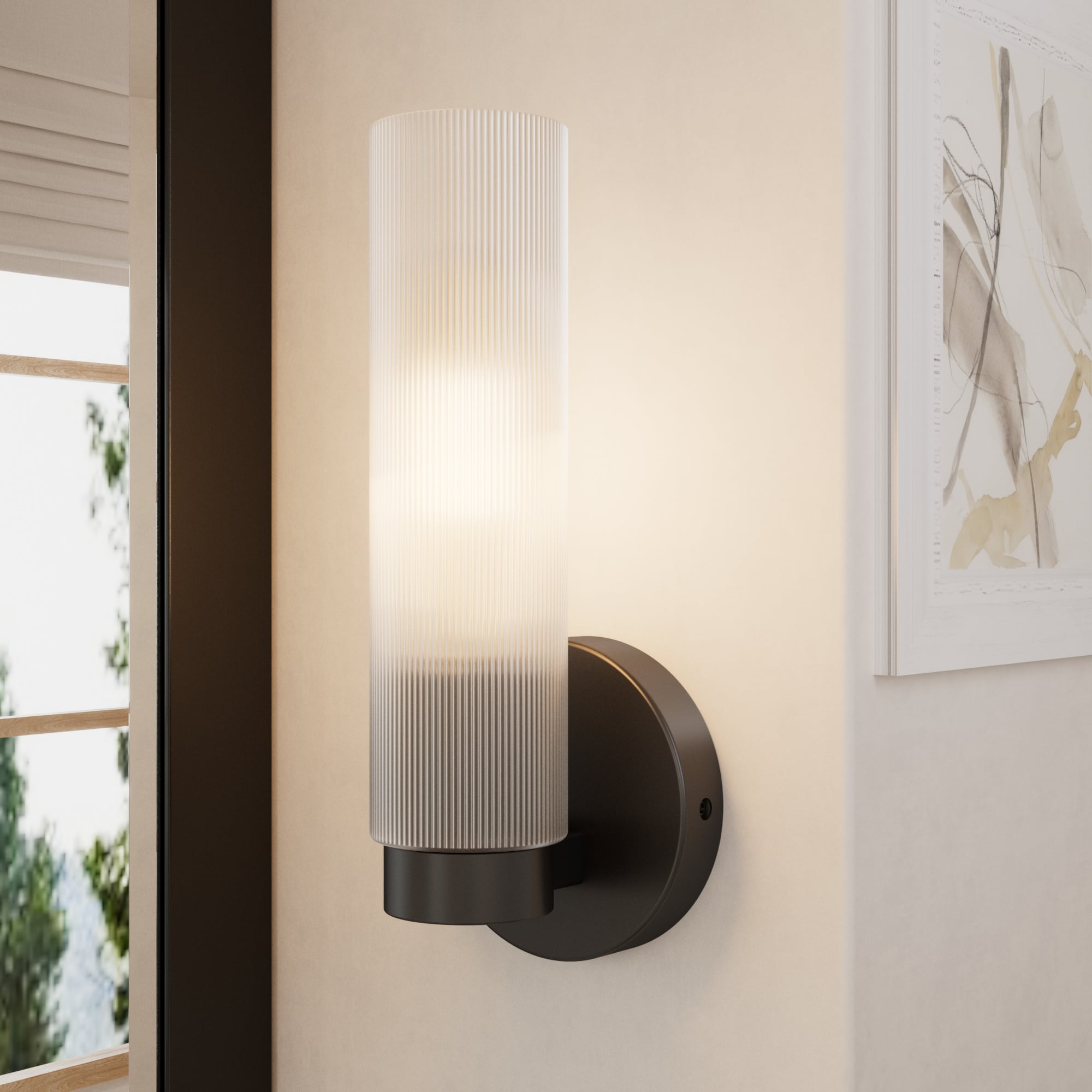 TETOTE  Wall Sconce 4.72-in W 1 -Light Black Hardwired Damp Rated Frosted Grass Cylindrical Wall Sconce Wall Light