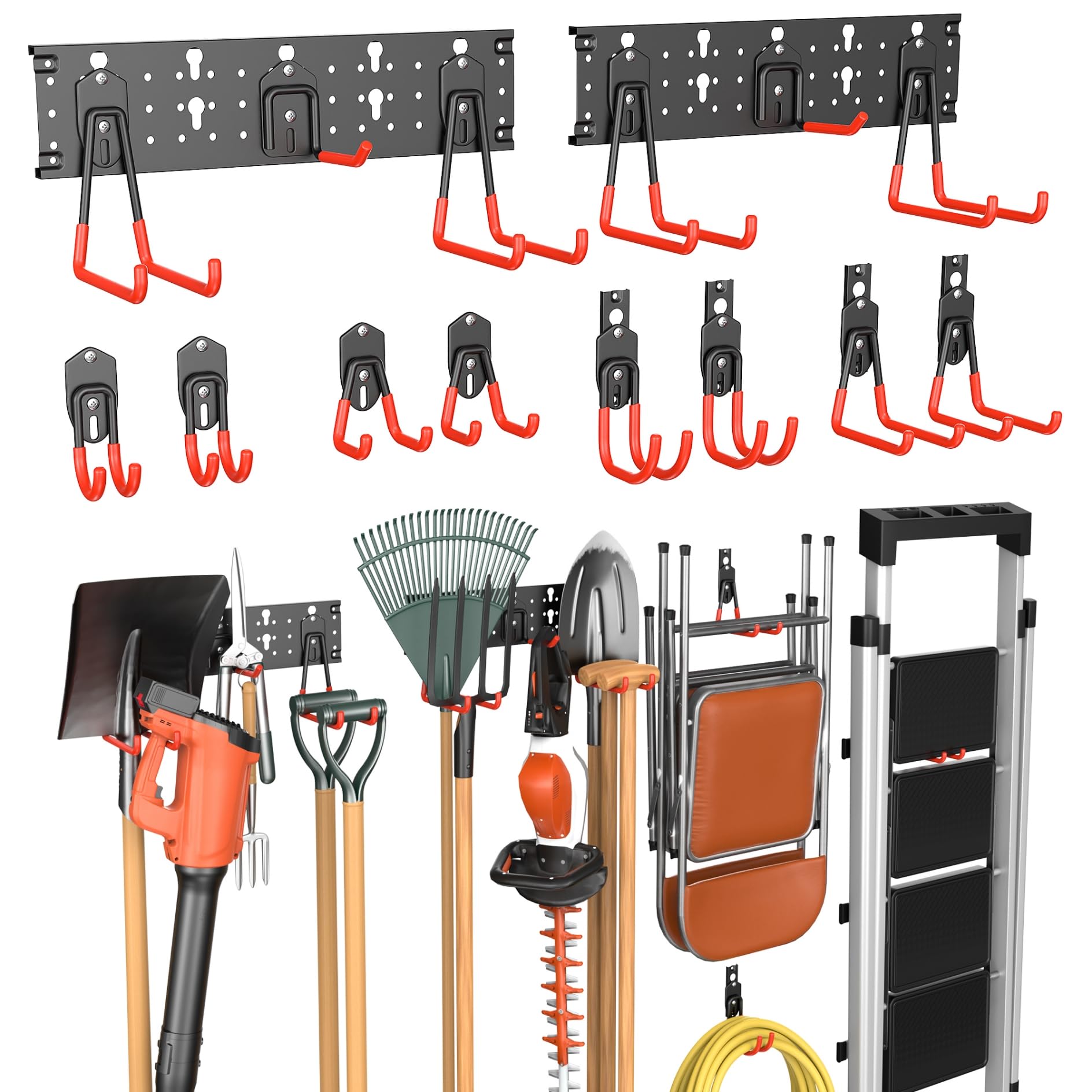 Phyfalip  Garage Wall Mounted Garden Tool Hooks Folding Chair Storage Rack with Hooks for Shovels Rakes Brooms Ladders and Keyhole Style Shelving
