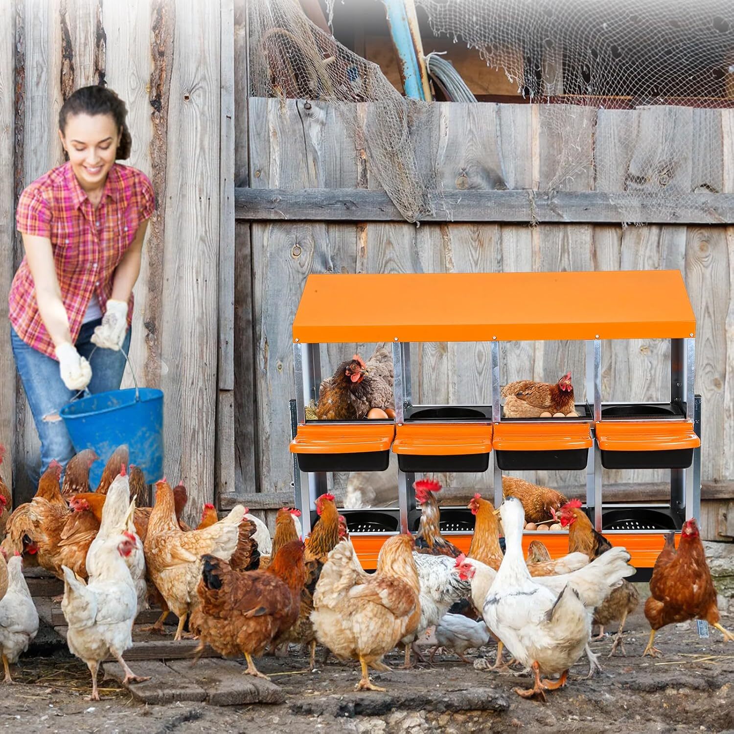 Qeetex GGL-PPG-33CXX4J5 8-Hole Orange With Stand Chicken Nesting Box Roll-Away Egg Collection System with Ventilation Holes  Rustproof Plastic Tray Keyhole Mounting  Chicken Laying Box for Hen or Duck