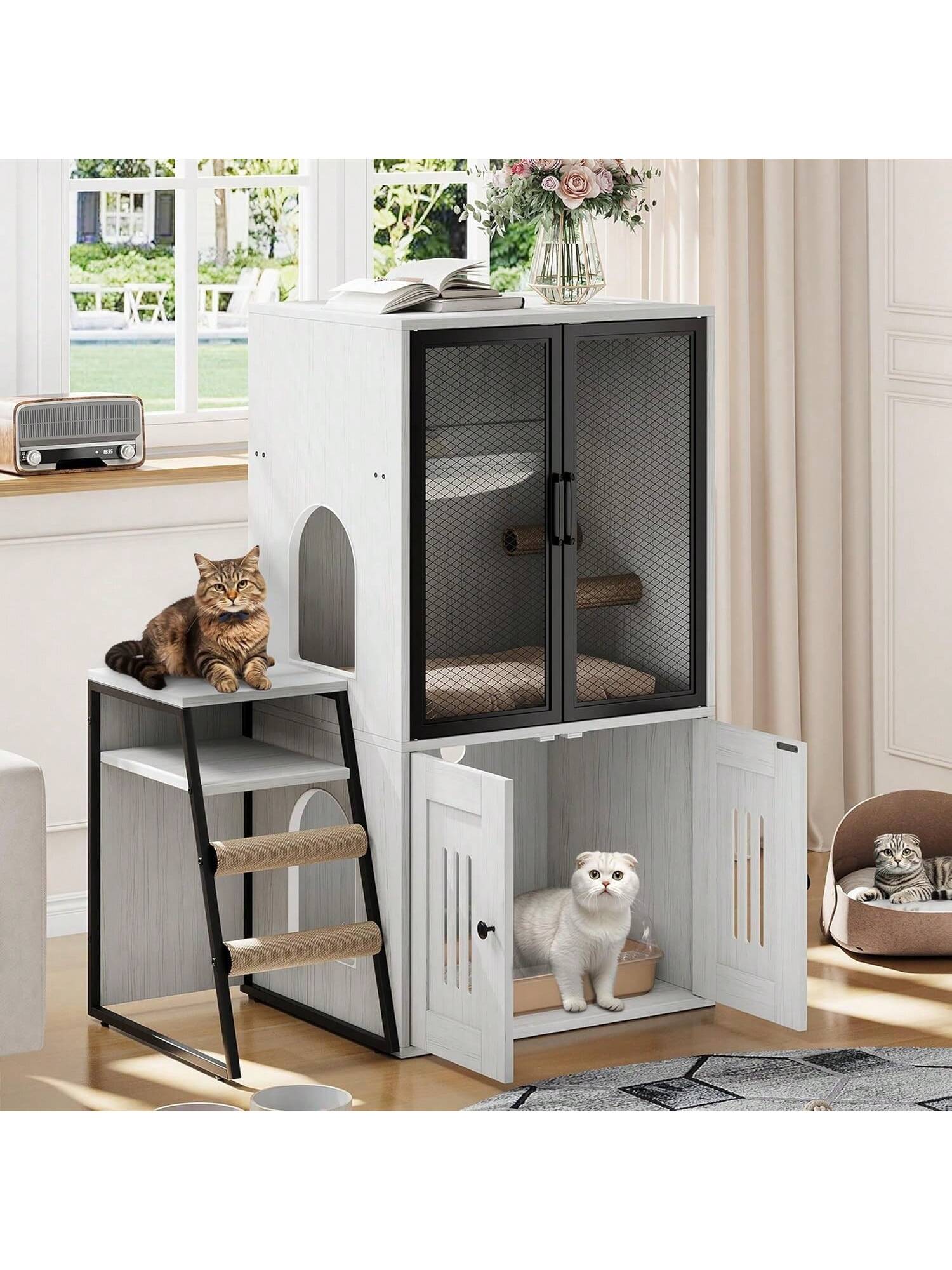 Qeetex BY-PPS-334EUWBU 2 Tier Cat Litter Box Furniture Enclosed Hidden Litter Box Cabinet With Doors Storage Shelf and Step Ladder Discrepet Cat Toilet Furniture For Home Decor Large Size For Multiple Cats