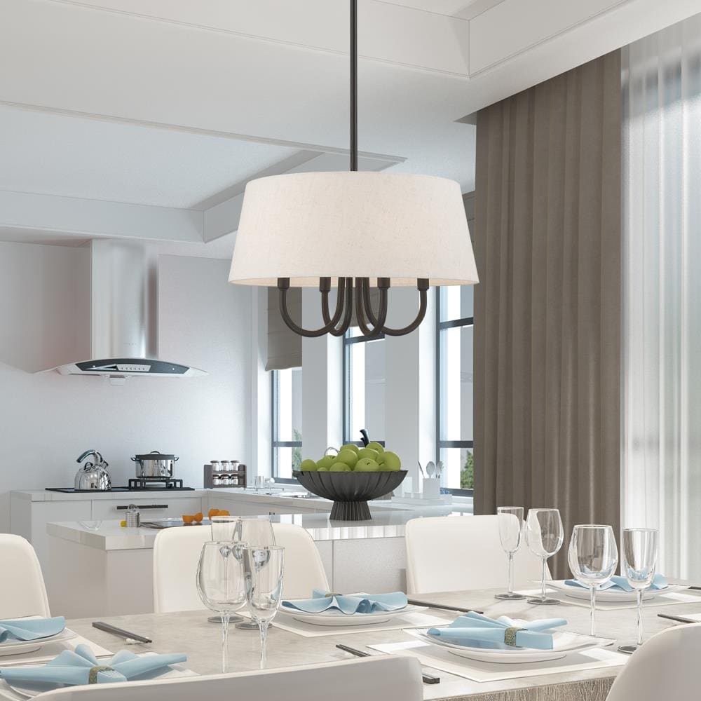 Mini English Bronze Drum Pendant with Oatmeal Fabric Shade