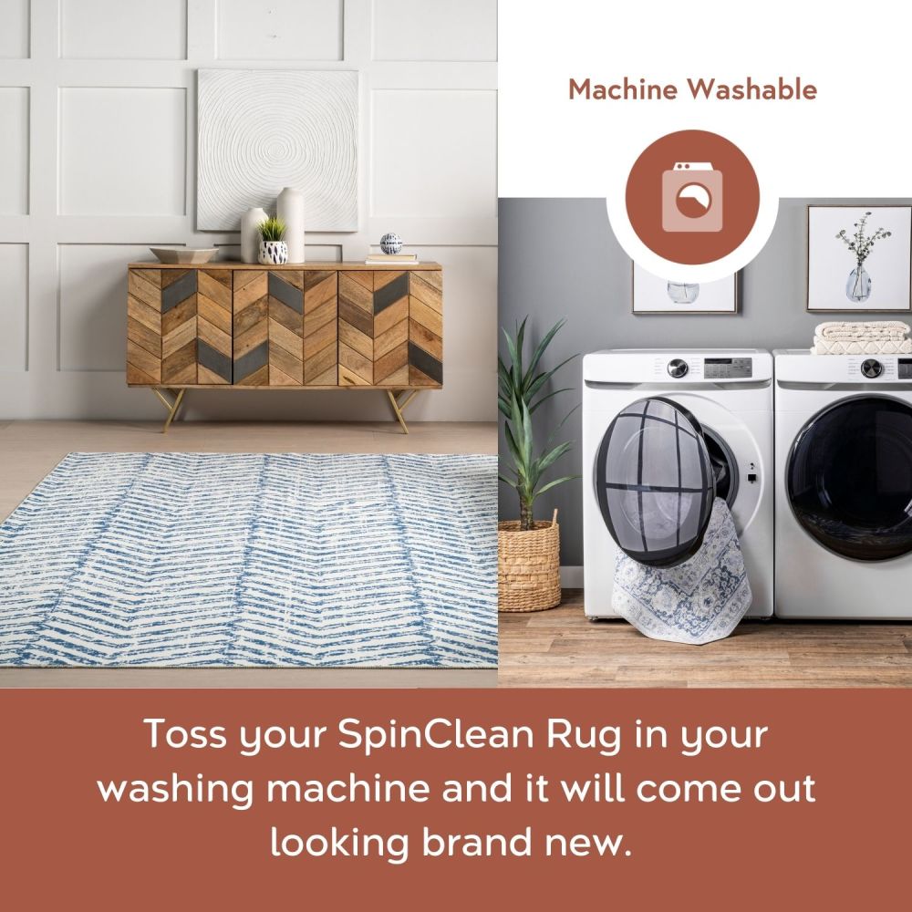 Rosanne Blue and Ivory Geometric 5' x 8' Washable Synthetic Area Rug
