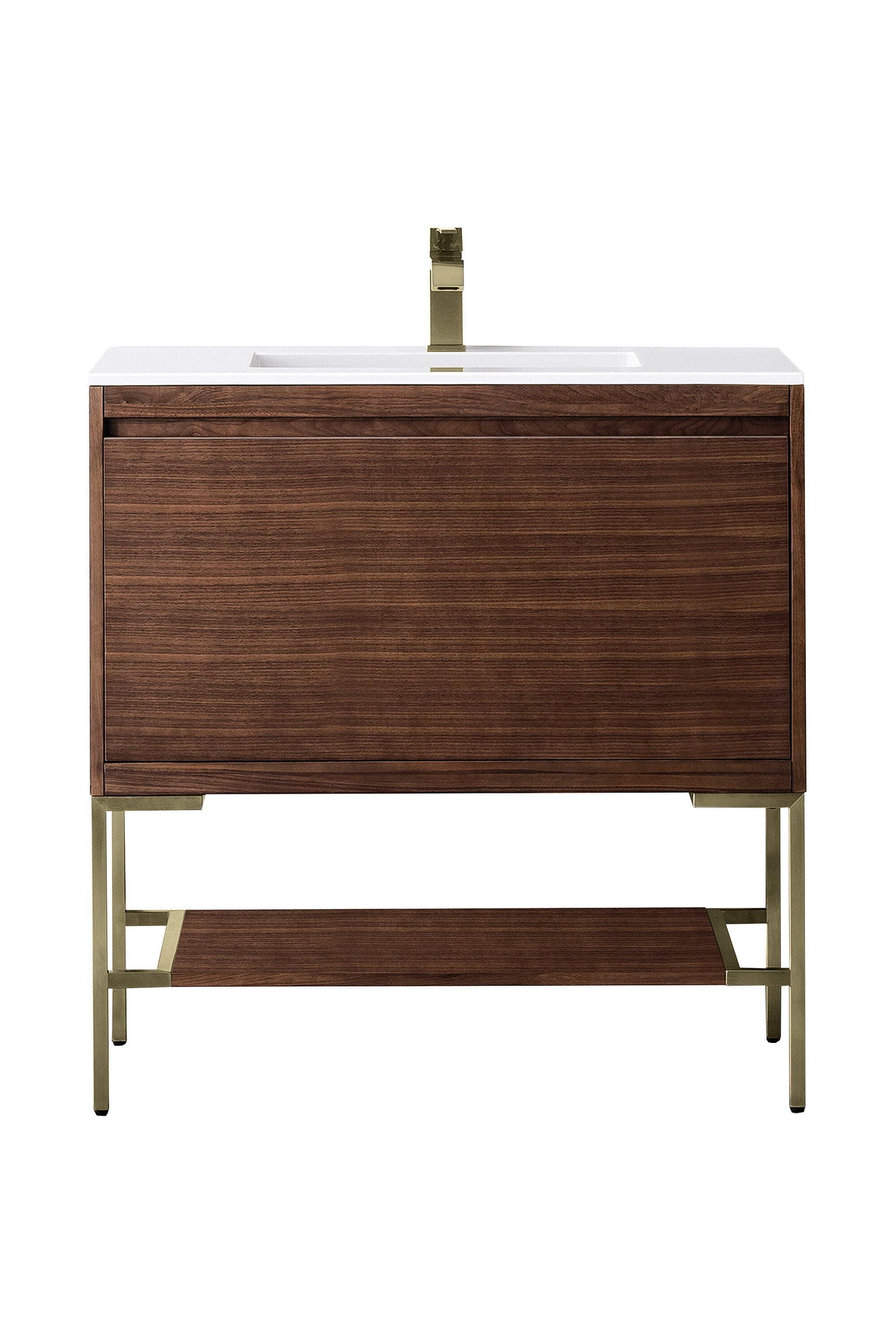 James Martin Vanities 805-V35.4-W-CB-GW Mantova 35-in Mid-Century Walnut Single Sink Bathroom Vanity with Glossy White Engineered Stone Top
