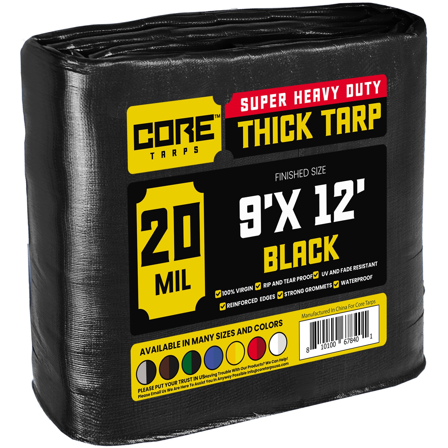 Core Tarps CT-706-9X12 9-ft x 12-ft Black Waterproof Commercial Polyethylene 20-mil Tarp