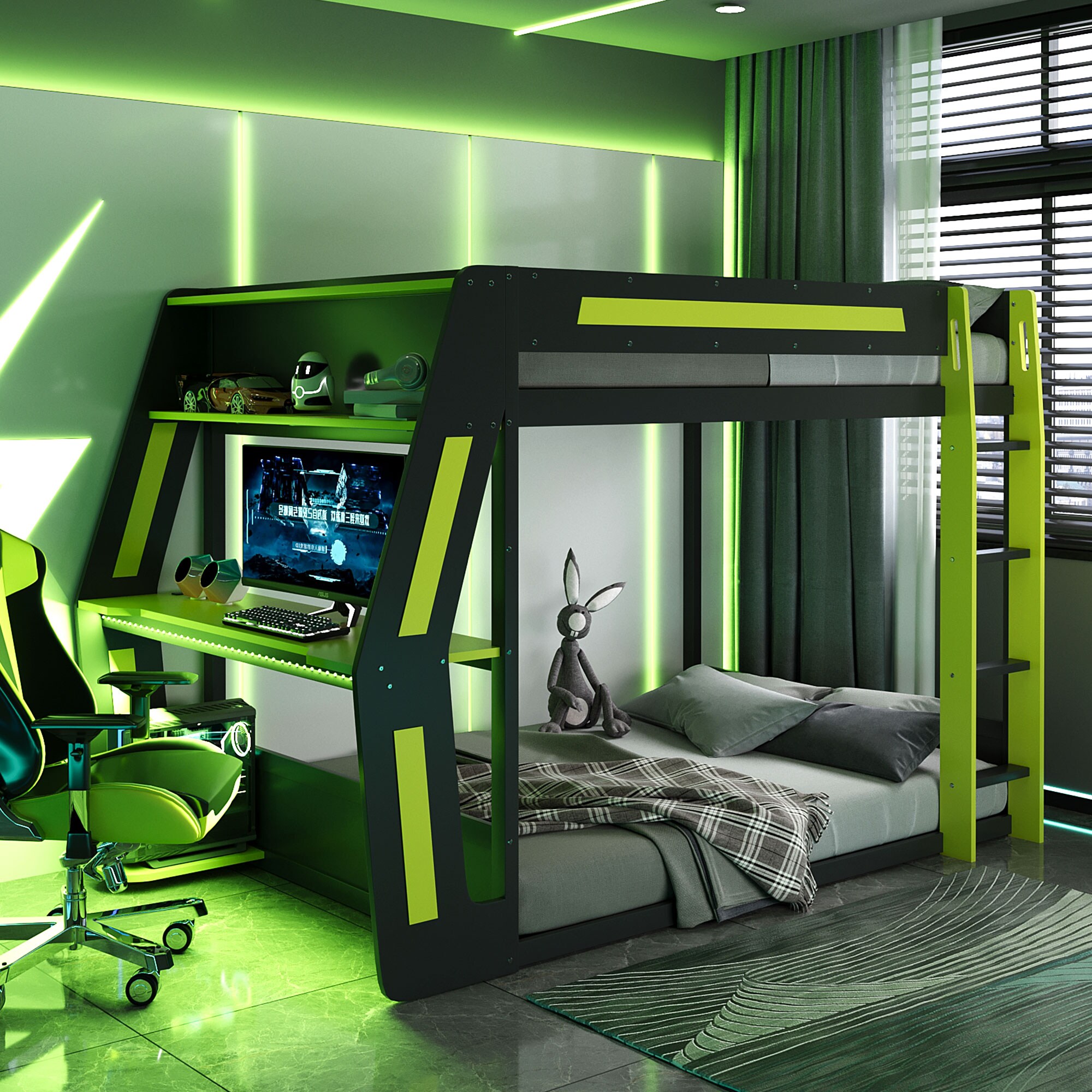 ModernLuxe Assembly Required Full Size Gaming Bunk Bed with Side Mounted Oversized RGB Desk  USB Charging Ports   and  Cable Grommet  LED Light Strip  Heavy Duty Esports Loft Frame Cool Design Green