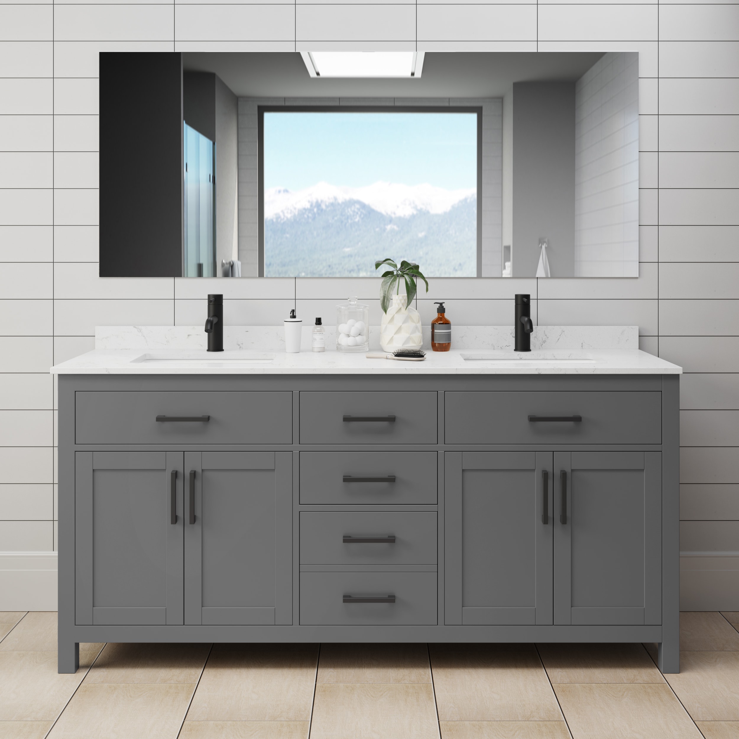 Wyndham Collection WCG242472DGBCCUNSMXX Beckett 72-in Dark Gray with Matte Black Trim Undermount Double sink Bathroom Vanity with Carrara Cultured Marble Cultured marble Top