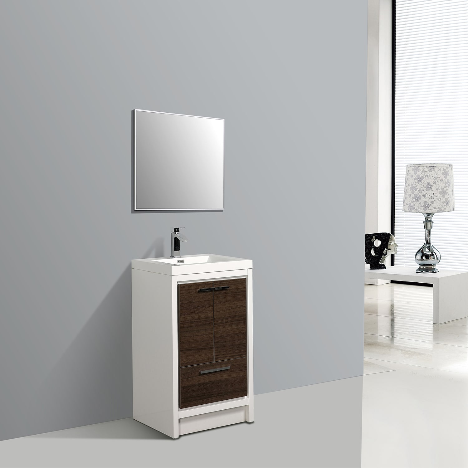 Eviva EVVN765-24GOK-WH Grace 24-in Gray Oak Single Sink Bathroom Vanity with White Acrylic Top
