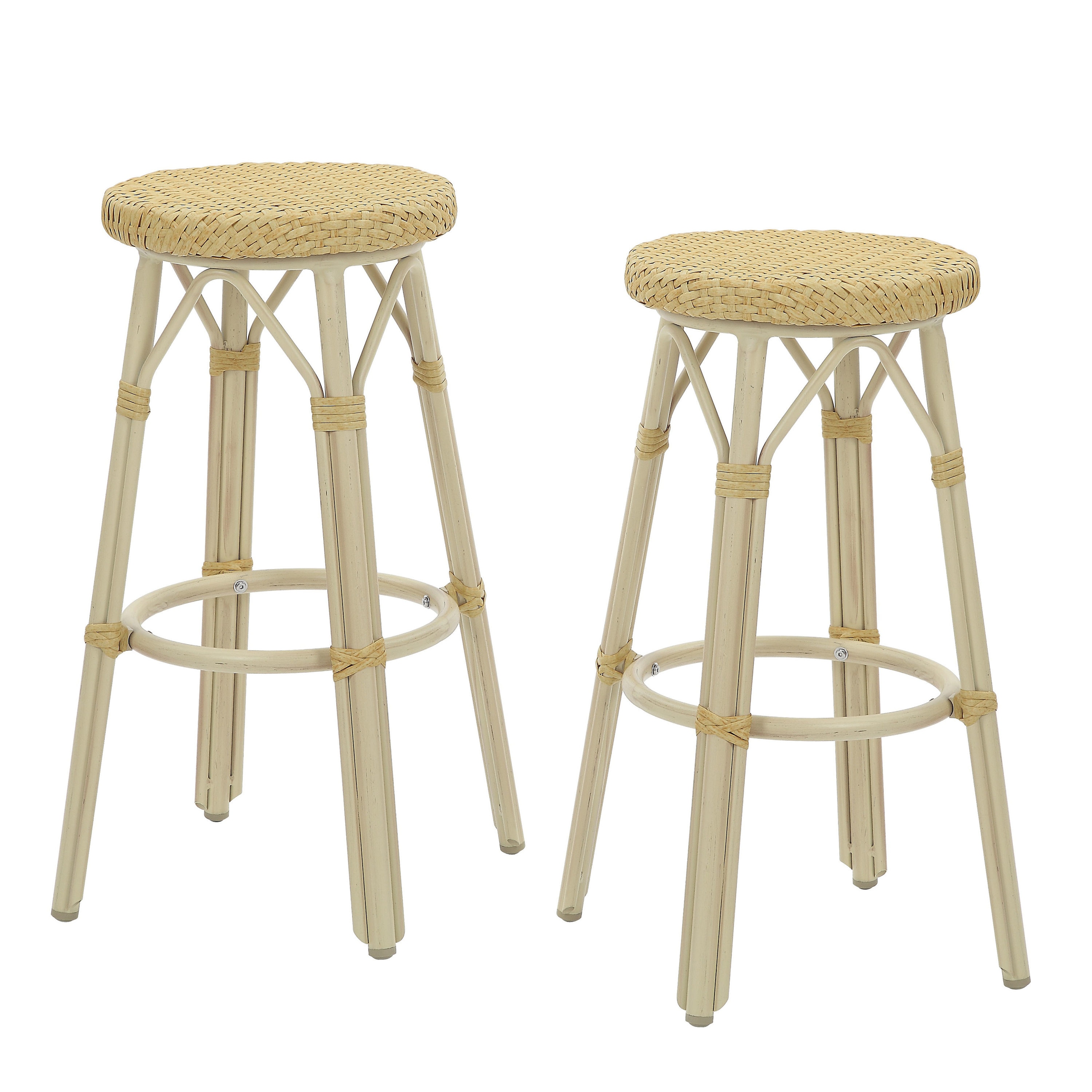 Furniture of America IDF-OC1858NT-30 Set of 2 Wicker Brown Aluminum Frame Stationary Bar Stool Chair with Woven Seat