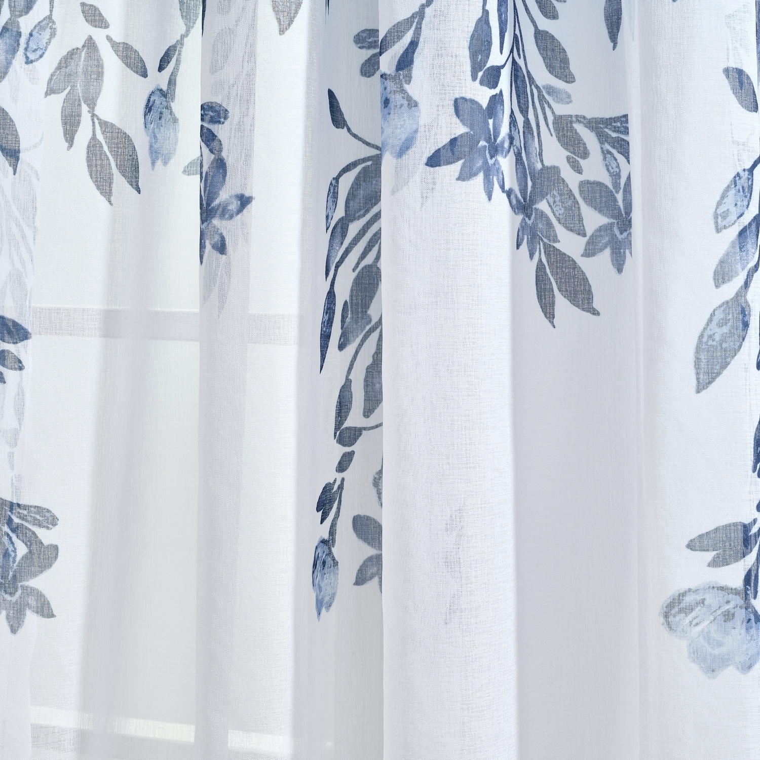 Navy Floral Sheer Polyester Window Curtain Panels