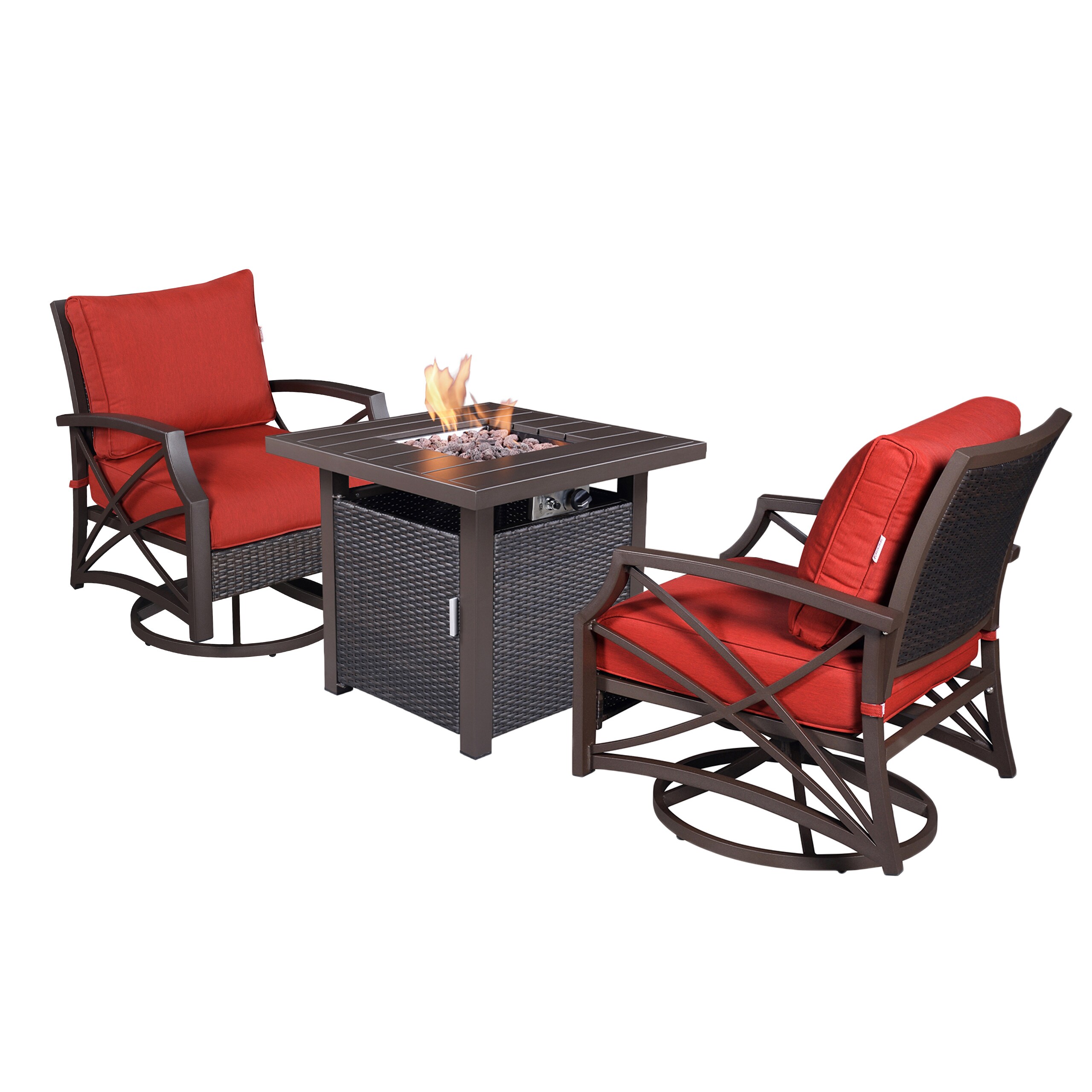 Kinger Home FP-005TBRN-SET-RED Lark 3-Piece Wicker Patio Conversation Set with Red Cushions