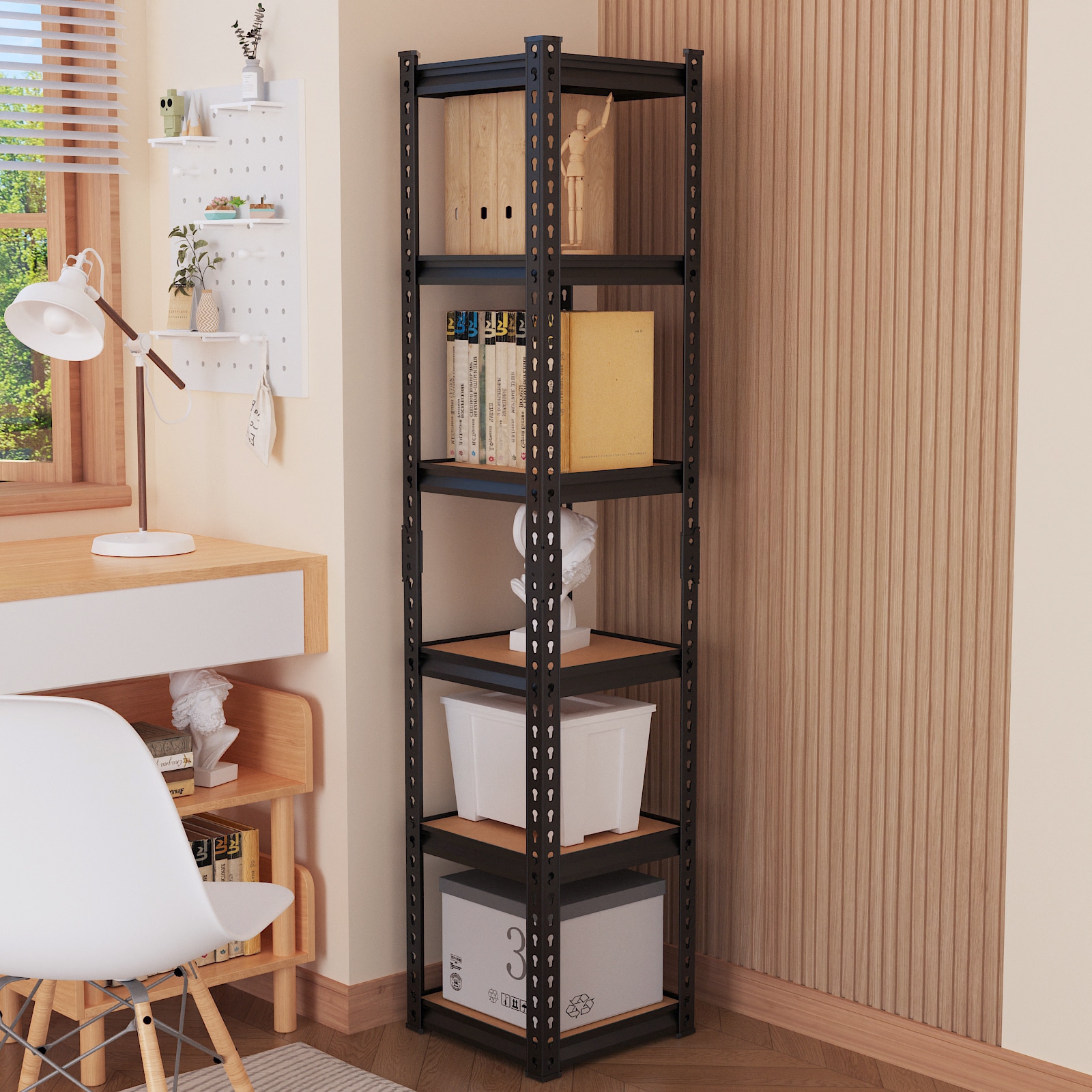 Upsimples 6 Tier Adjustable Shelf Unit 40x40x184cm Black Iron Wood Finish MDF Shelving Space Saving Storage Organizer for Home Office Living Room Bedroom