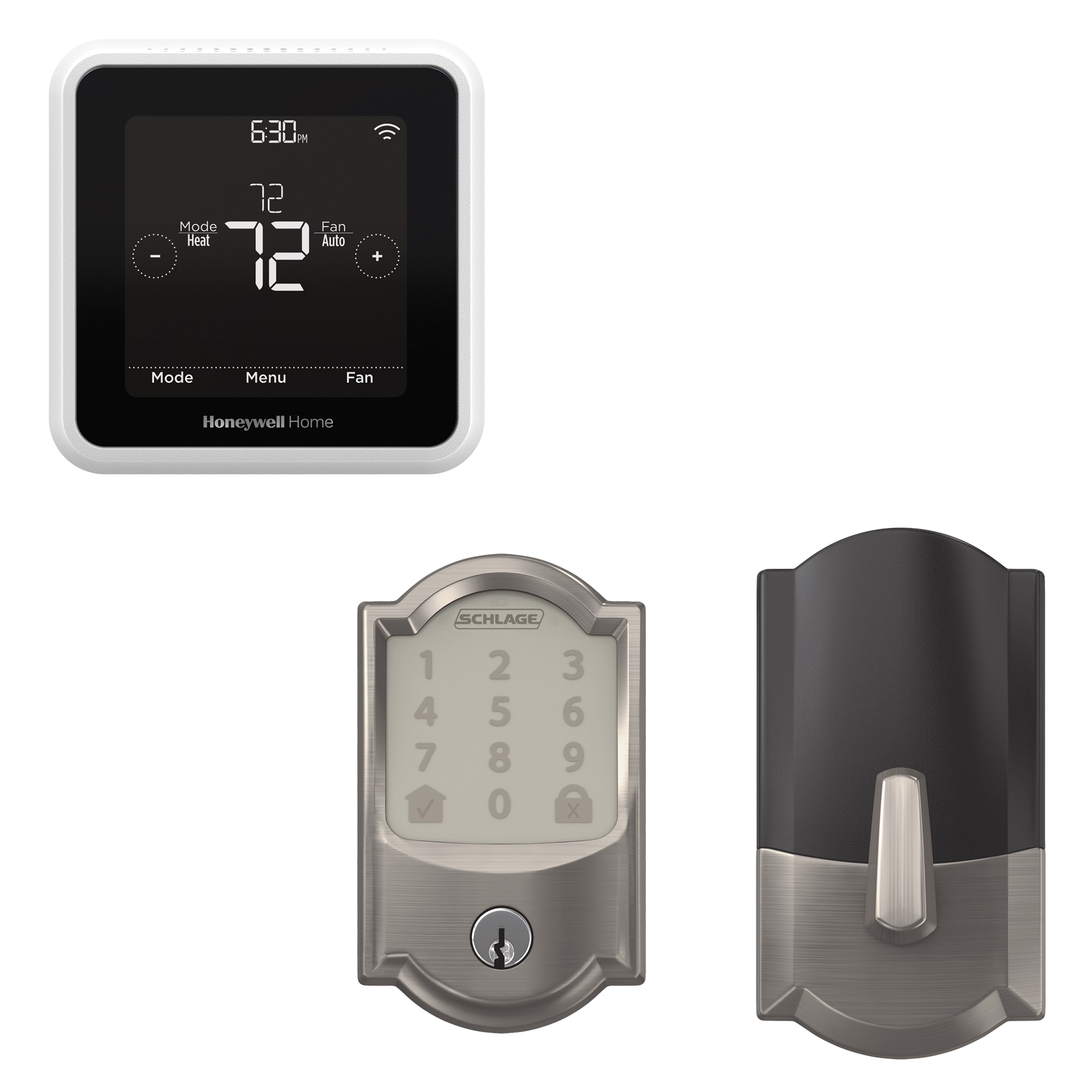 Honeywell Home RTH8800WF T5 Smart Black/White Thermostat with Wi-Fi Compatibility with Schlage Encode Camelot Satin Nickel Smart Electronic Deadbolt