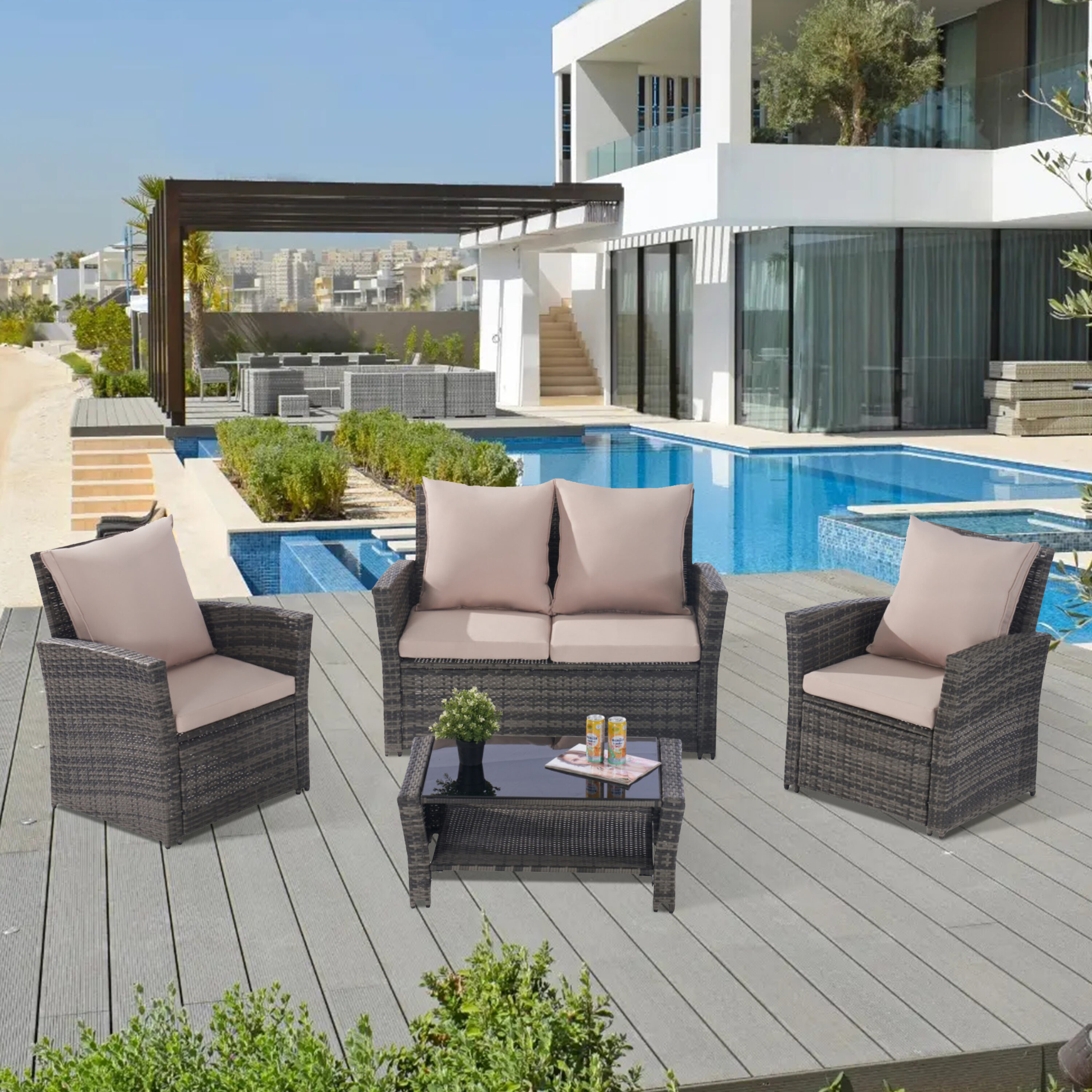 Hrinhom HC-OT01-SAND 4-Piece Rattan Patio Conversation Set with Brown Cushions