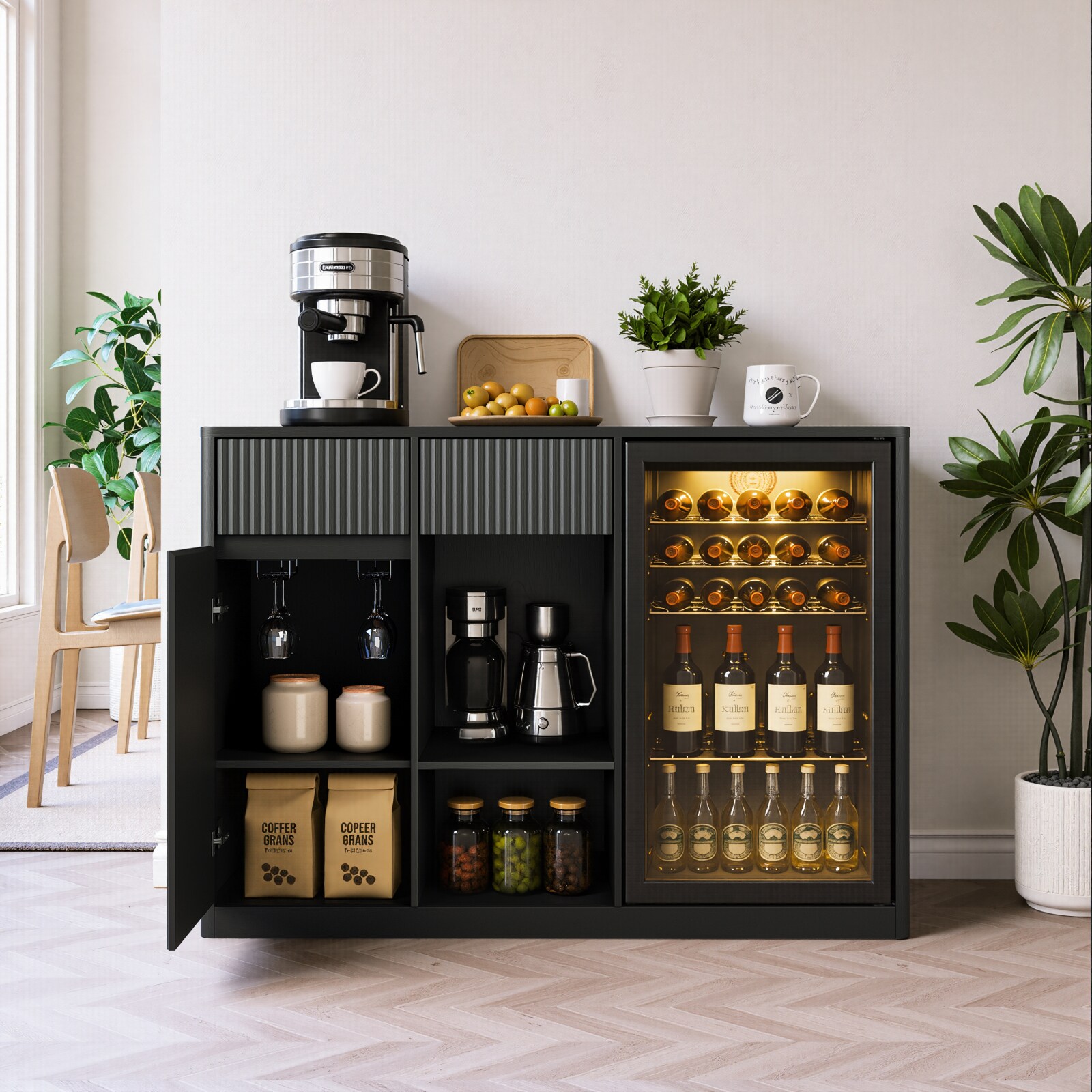 CHITA Industrial Wood Bar Cabinet with 1 Door 2 Drawers Charging Station USB Port 2 Adjustable Shelves Black