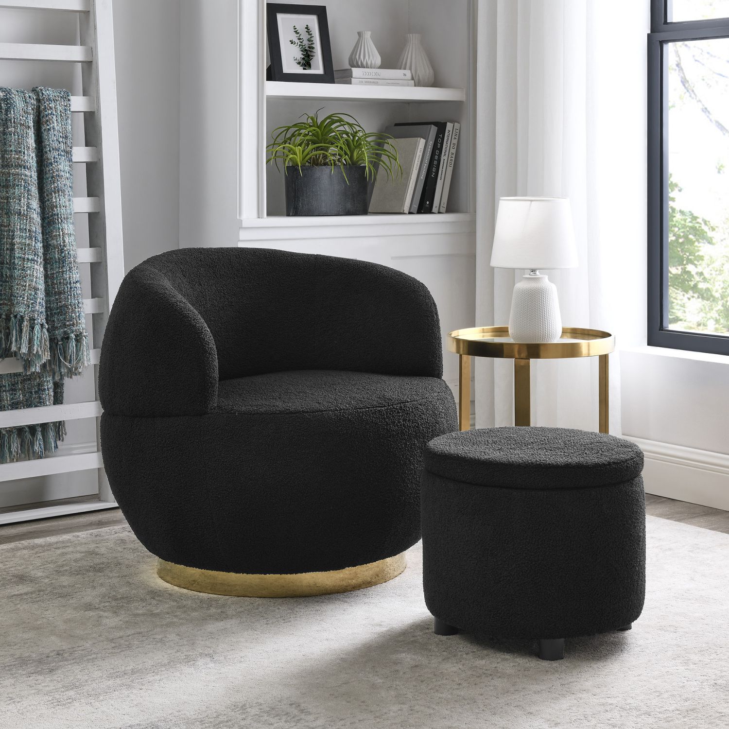 JASMODER W48756267 Swviel Barrel Chair With Gold Stainless Steel Base, With Storage Ottoman, Teddy Fabric, Black