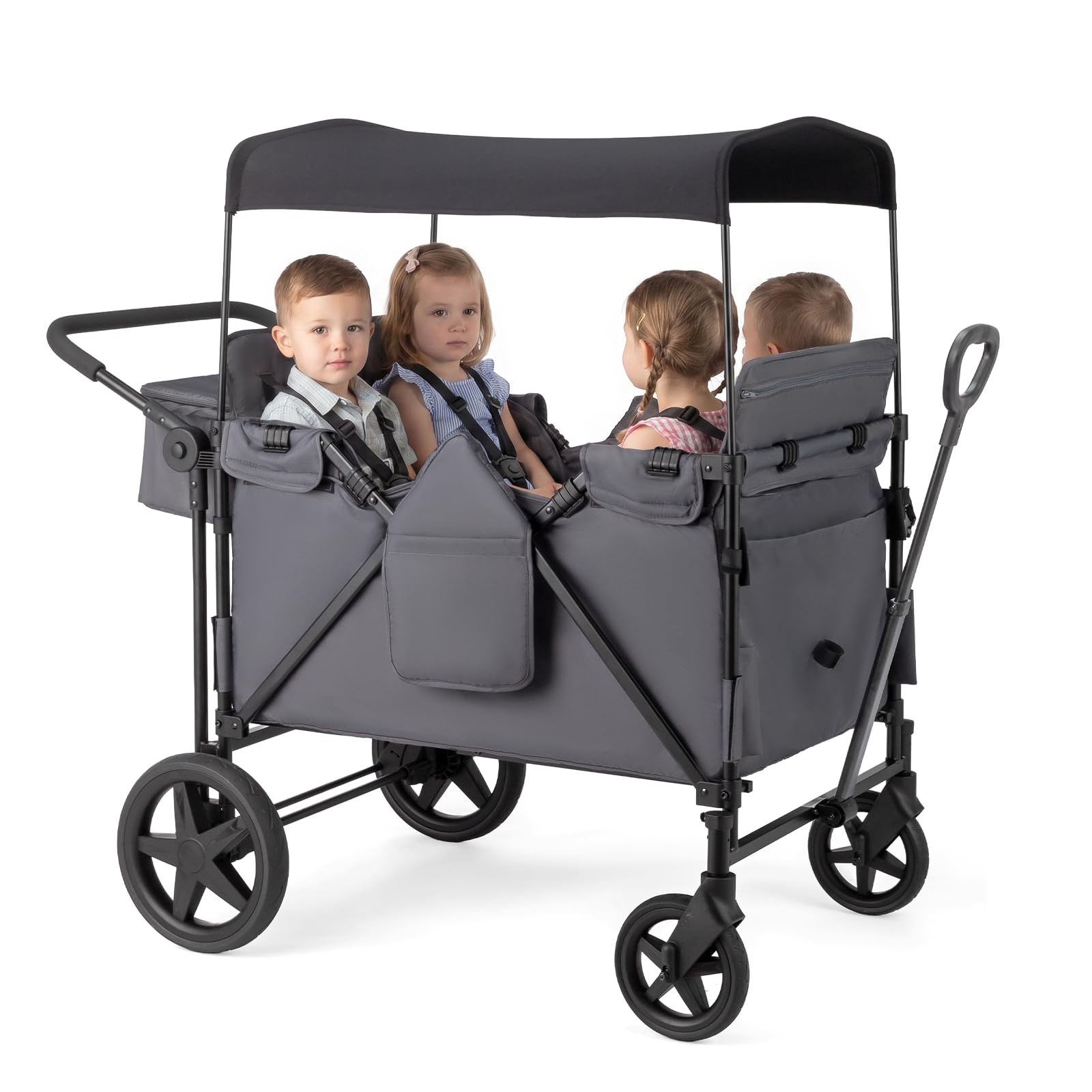 JOYMOR Wagon Stroller with 4 Raised High Seat Removable Canopy All Terrain Wheels Adjustable Push and Pull Handle and Storage Bag Gray