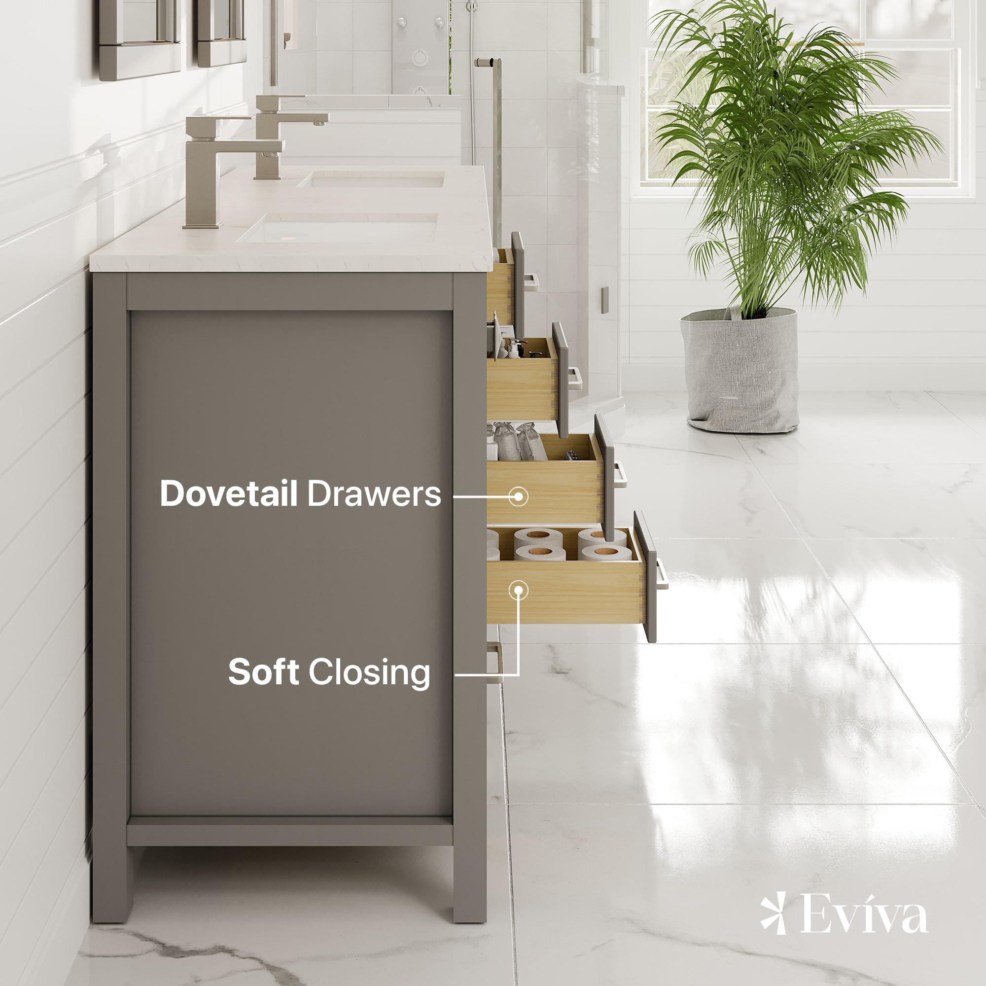Gray Double Sink Bathroom Vanity with White Quartz Countertop