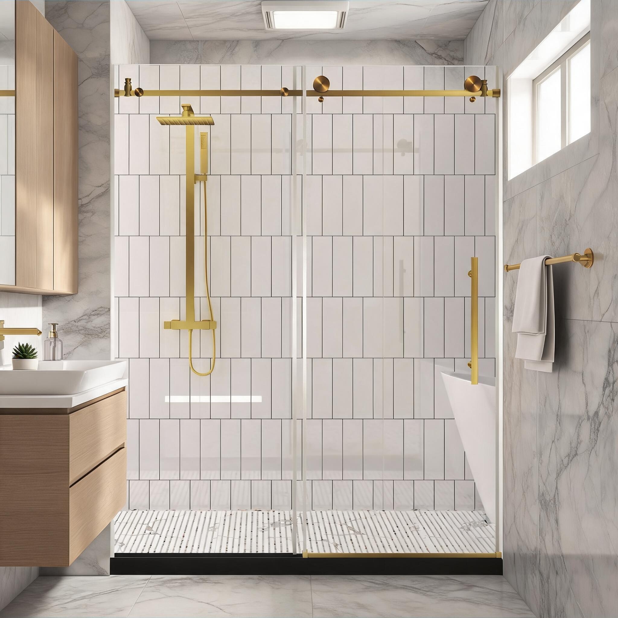 chillscreamni Frameless Sliding Shower Door 44-48W x 76H Inches Clear Tempered Glass Champagne Gold Hardware