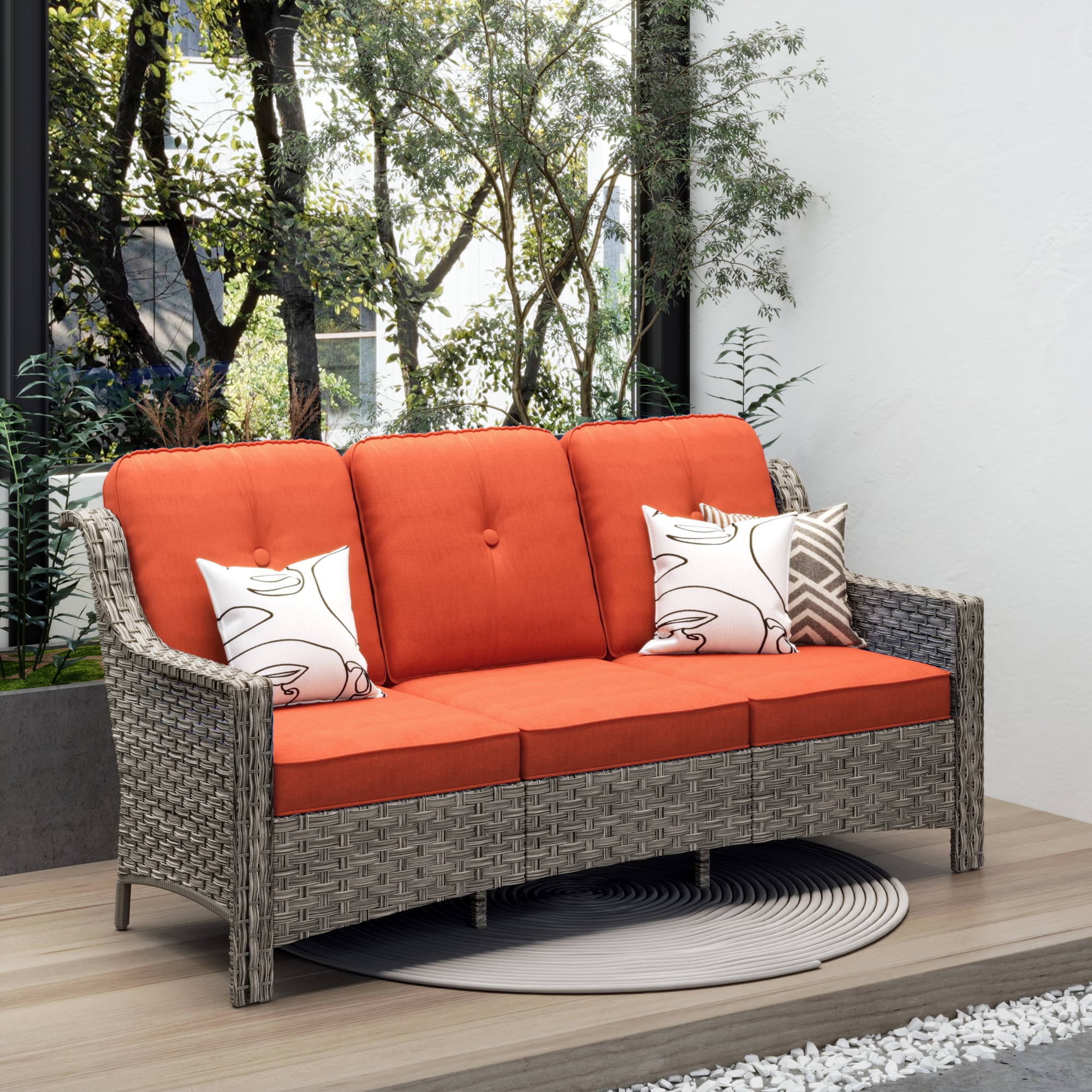 Ovios PD8C021 Wicker Outdoor Sofa with Red Cushions and Iron Frame