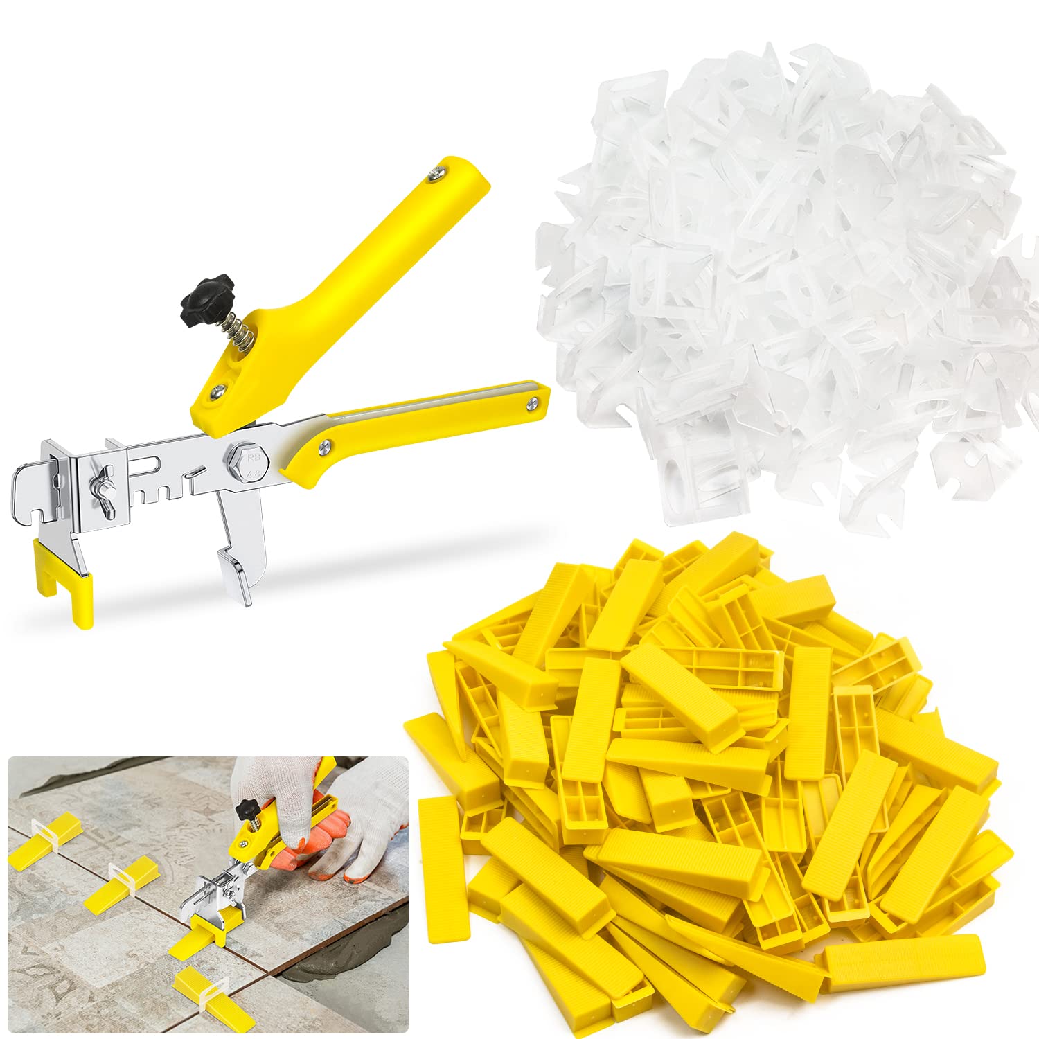 Phyfalip Tile Leveling System Kit 600pcs 1/8 inch Tile Leveler Spacers Clips 200pcs Reusable Wedges 1pc Tile Pliers for Wall Floor Tile Installation Adjustment Yellow #LPF0502U06