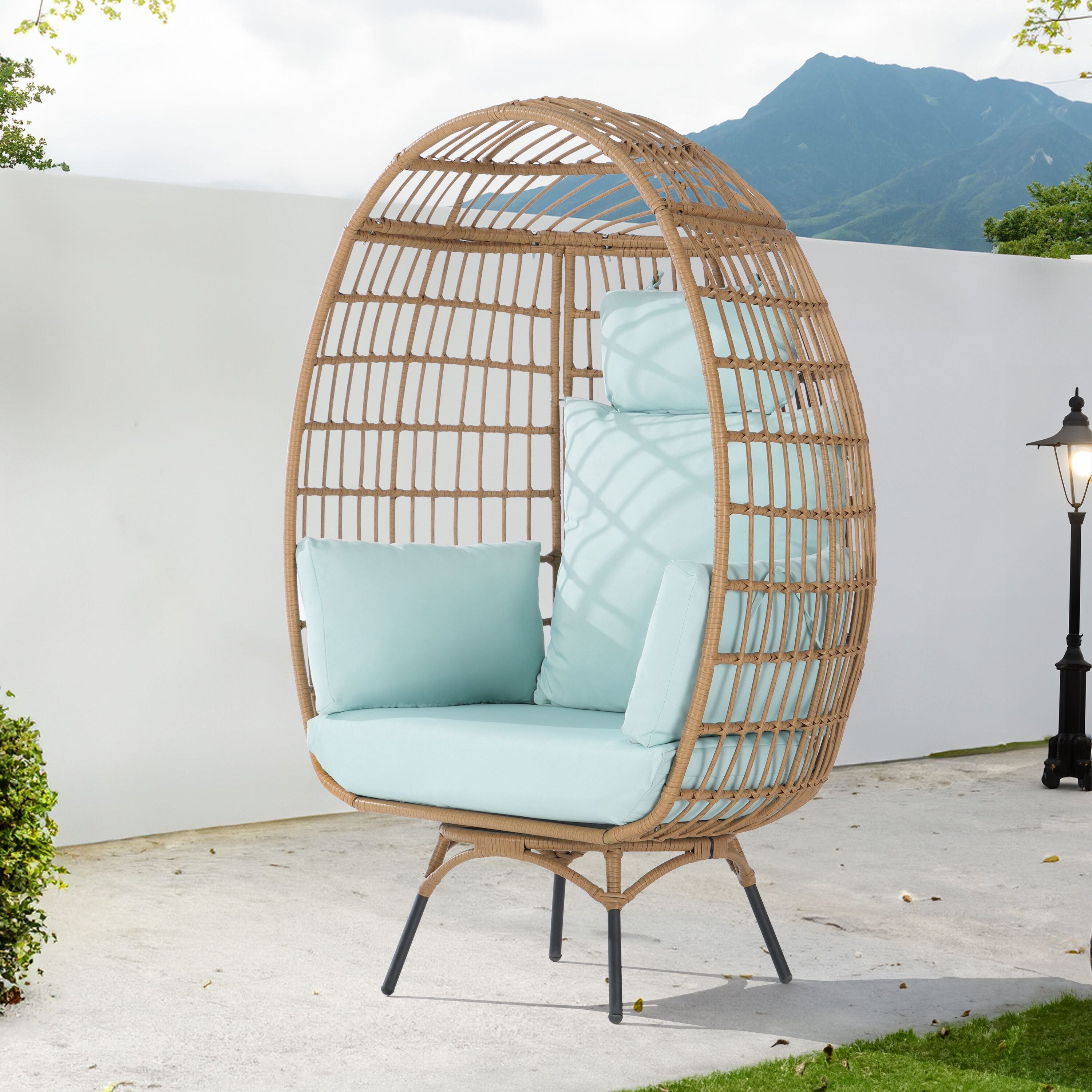 SANSTAR L-RJDC54TF Patio Chairs Wicker Brown Metal Frame Swivel Egg Chair with Blue 220gsm Polyester Cushioned Seat