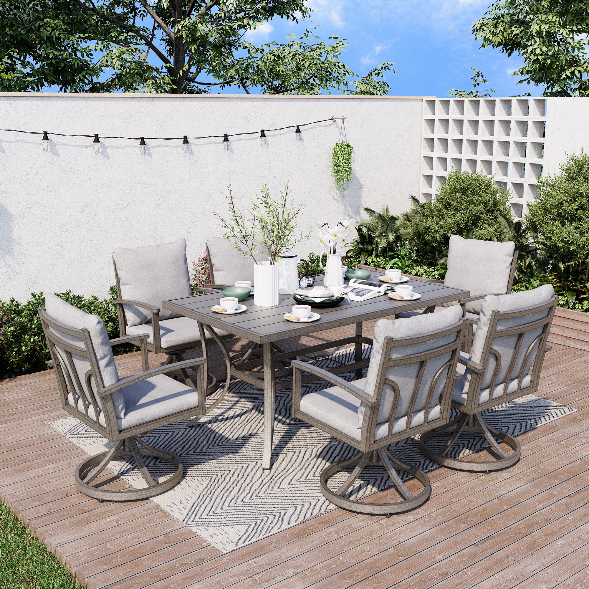 Modique 7-Piece Gray Aluminum Swivel Patio Dining Set with Cushions