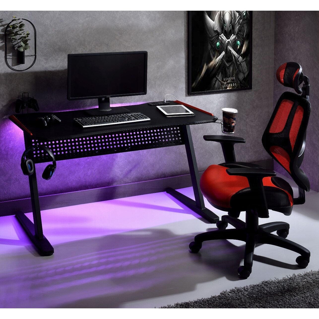 Blisstyle Black and Red Gaming Desk with Led Light and Usb Port Office ...
