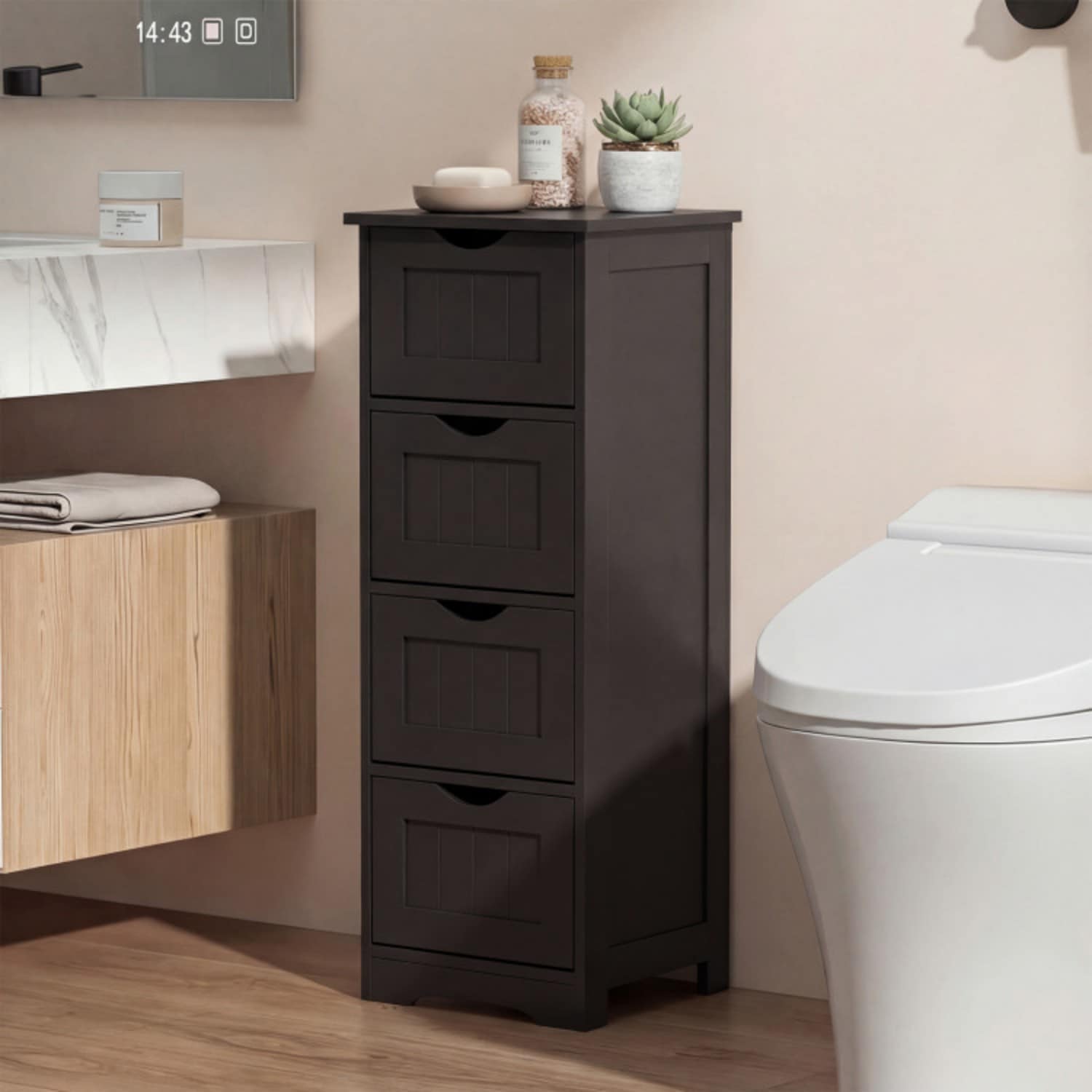 Vanityfus 4-Drawer Freestanding Floor Cabinet with Anti-Toppling Device-Dark Brown