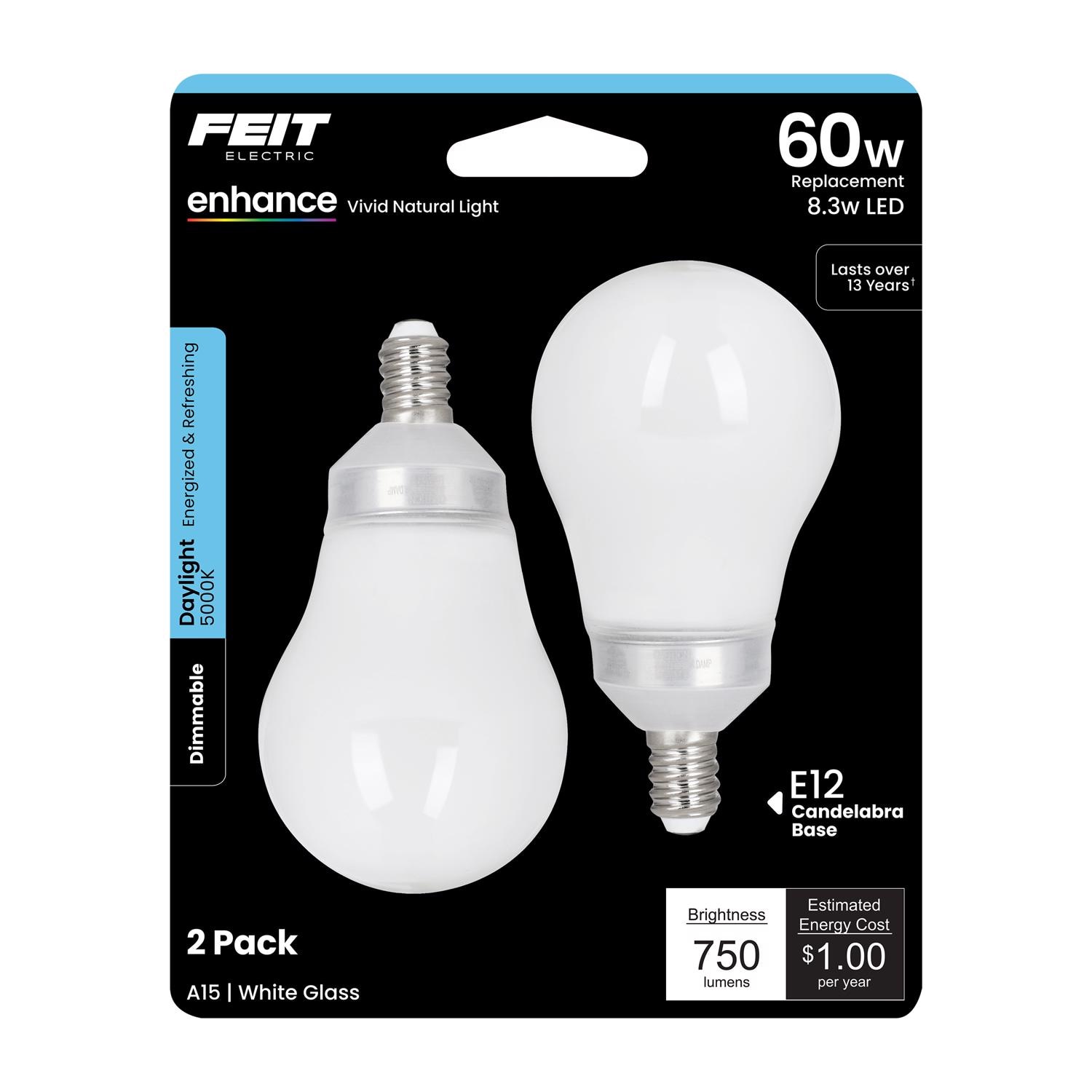 Feit Electric EJD3910650 Enhance A15 E12 Candelabra Filament LED Bulb Daylight 60 Watt Equivalence 2 pk