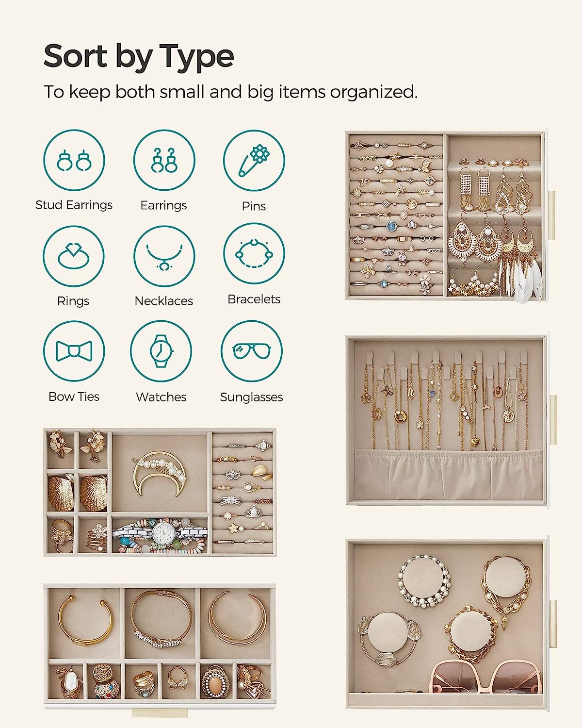 SONGMICS HOME 5-Layer Modern Jewelry Organizer with 3 Side Drawers Big ...