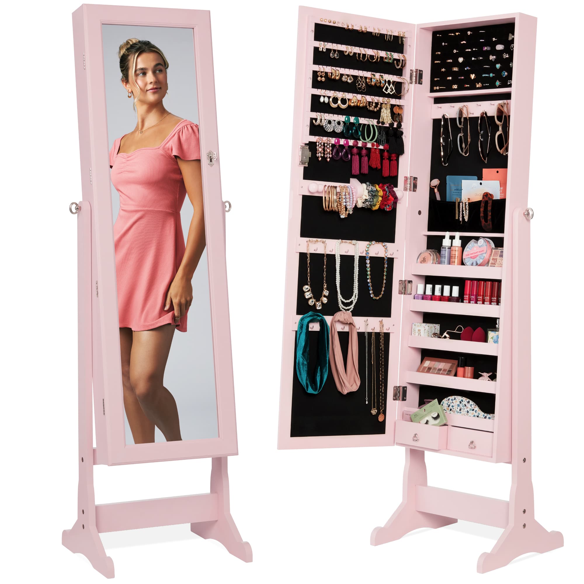 Best Choice Products  Jewelry Armoire Cabinet Full Length Mirror w/ Velvet Storage Interior Lock - Dusty Pink