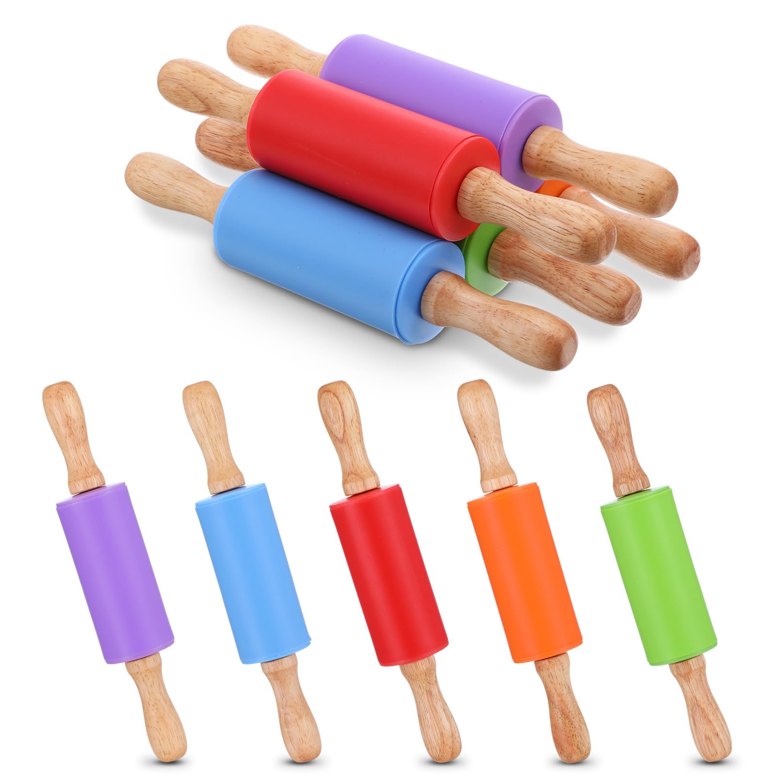 Aoibox  10 Piece 9 In Silicone Wooden Mini Rolling Pins for Kids Non Stick Baking Dough Cookie Fondant 5 Colors