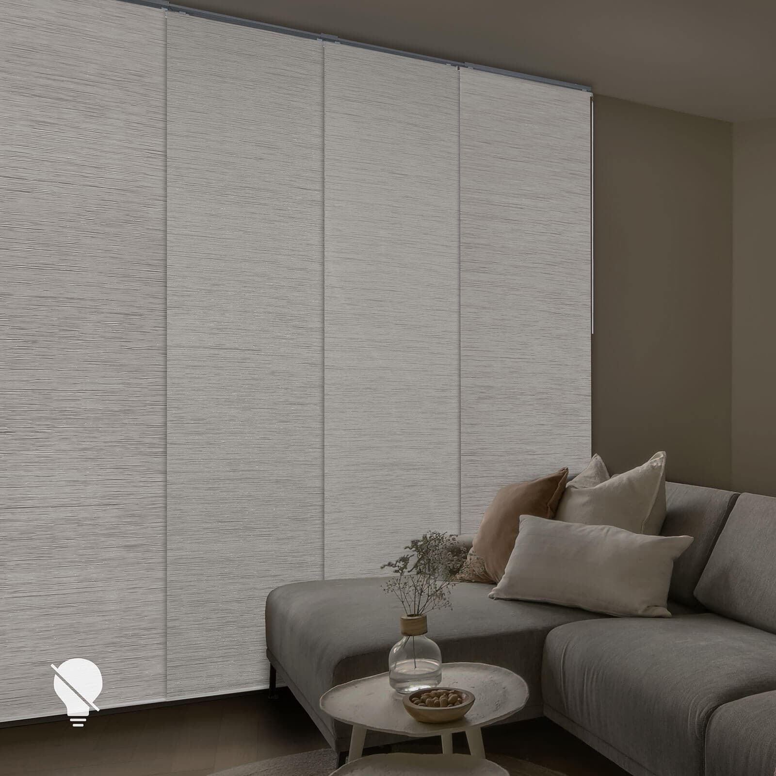 GoDear Design APX088871I086096 4-Panel Single Rail 23-in Slat Width 86-in x 96-in Cordless Mica + Fabric Blackout Vertical blinds