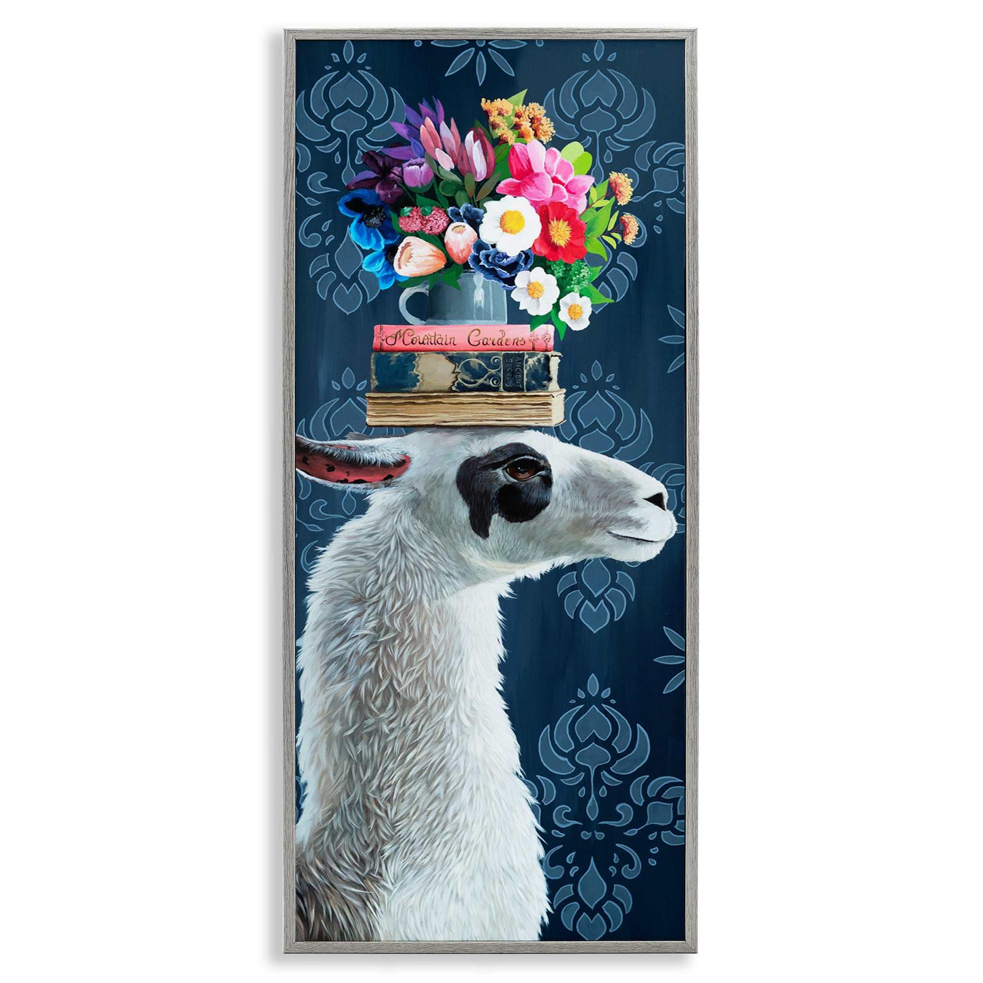 Stupell Industries BT-008-GFF-10X24 Llama with Book and Flower Arrangement Gray Framed Giclee Art By Heather Gauthier 10 x 24