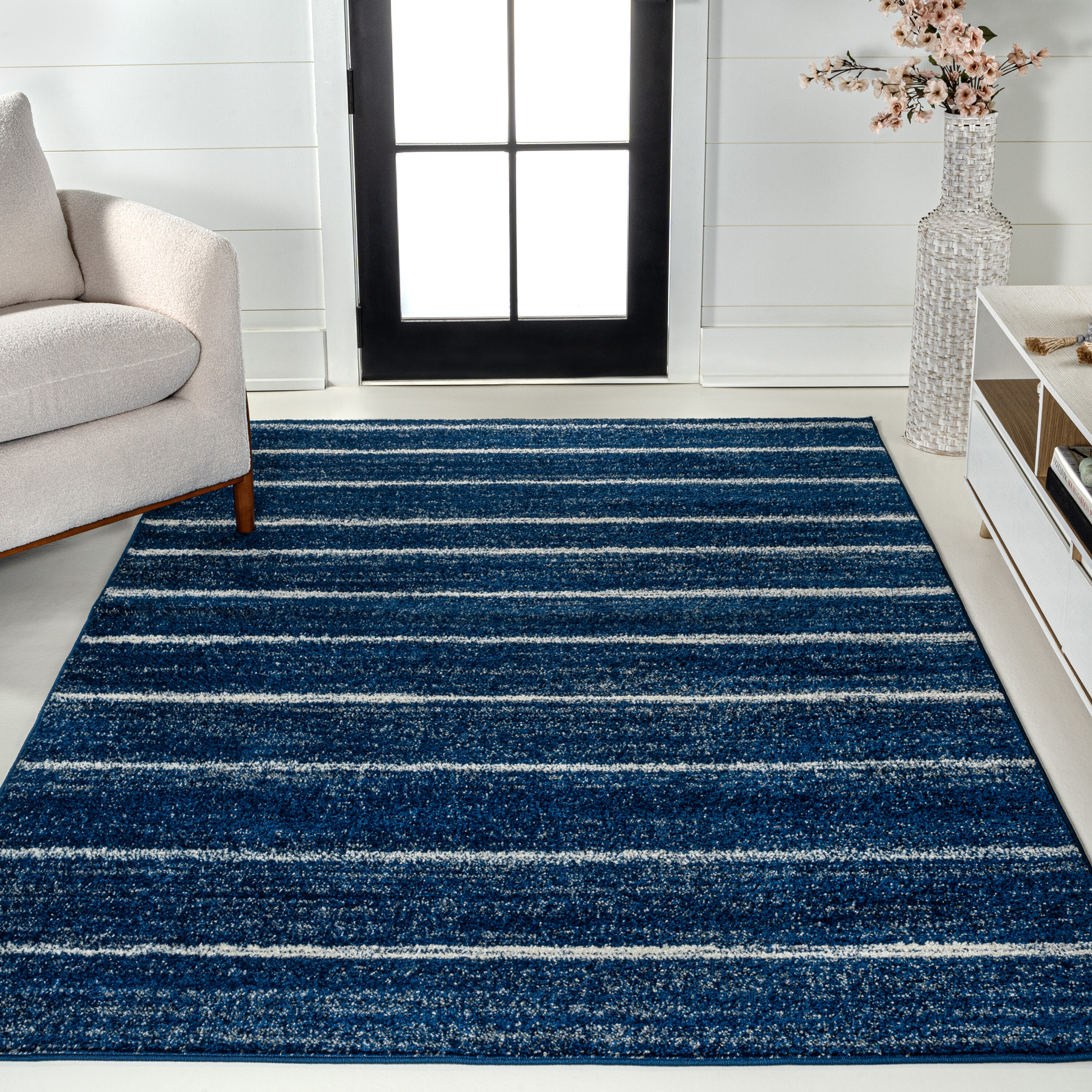 JONATHAN  Y MOH201C-3 Moroccan HYPE Williamsburg Minimalist 3 x 5 (ft) Loomed Polypropylene Navy/Cream Rectangular Indoor Stripe Mid-Century Modern Area rug